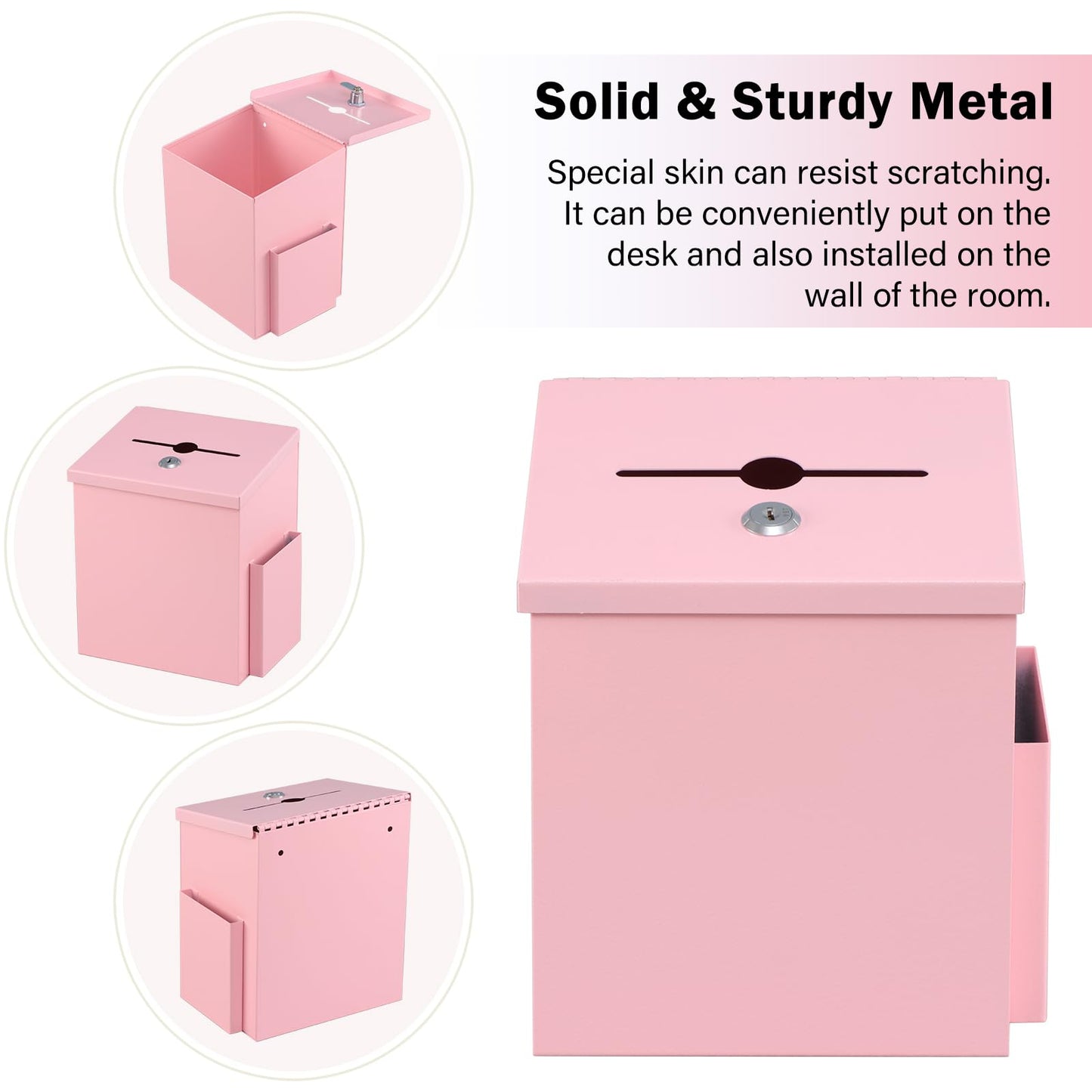 xydled Suggestion Box with Key Lock, Locking Metal Donation Ballot Drop, Comment Prayer Box with Slot for Office, Fundraising, Church, School, Home Use, Pink, 8.7 x 7.1 x 5.9 Inches
