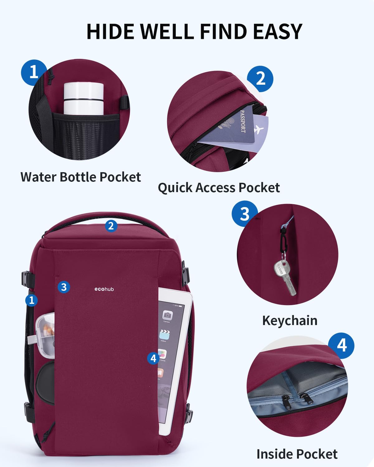 ECOHUB Travel Backpack for Women Men Fits 17.3" Laptop Airlines Approved UnderSeat Carry On Travel Luggage Bag with Charging Port Water Resistant 11 Pockets Business Work, Red