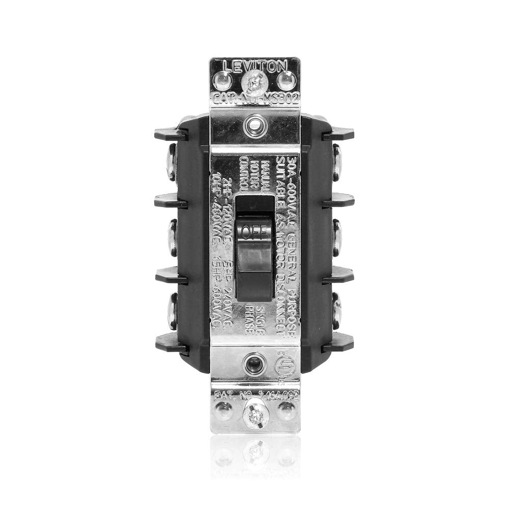 Leviton 3 Phase AC Motor Starter 30 Amp, 600 Volt, Three-Pole, Suitable As Motor Disconnect, Short Toggle, Industrial Grade, Non-Grounding, MS303-DSS, Black