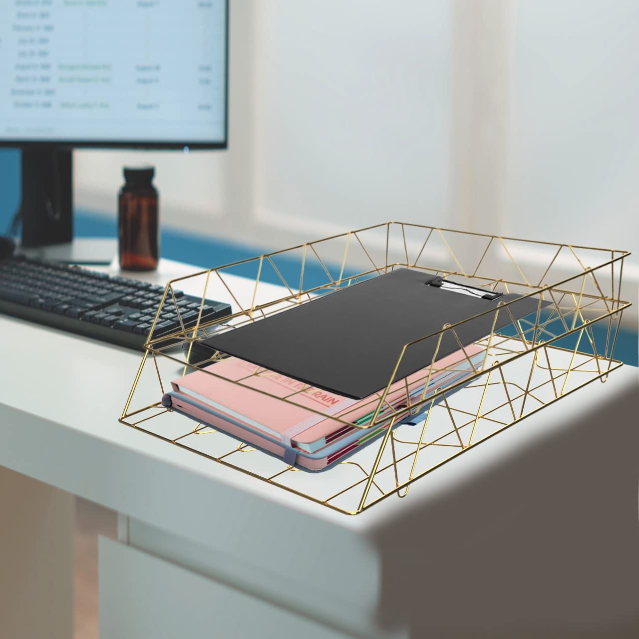 Performore 2 Pack of 11x17 Gold Stackable Wire Desk Trays, Paper Tray Organizer for Desk, Multifunctional File Document Holder and Storage for Office Desktop Organization and Accessories