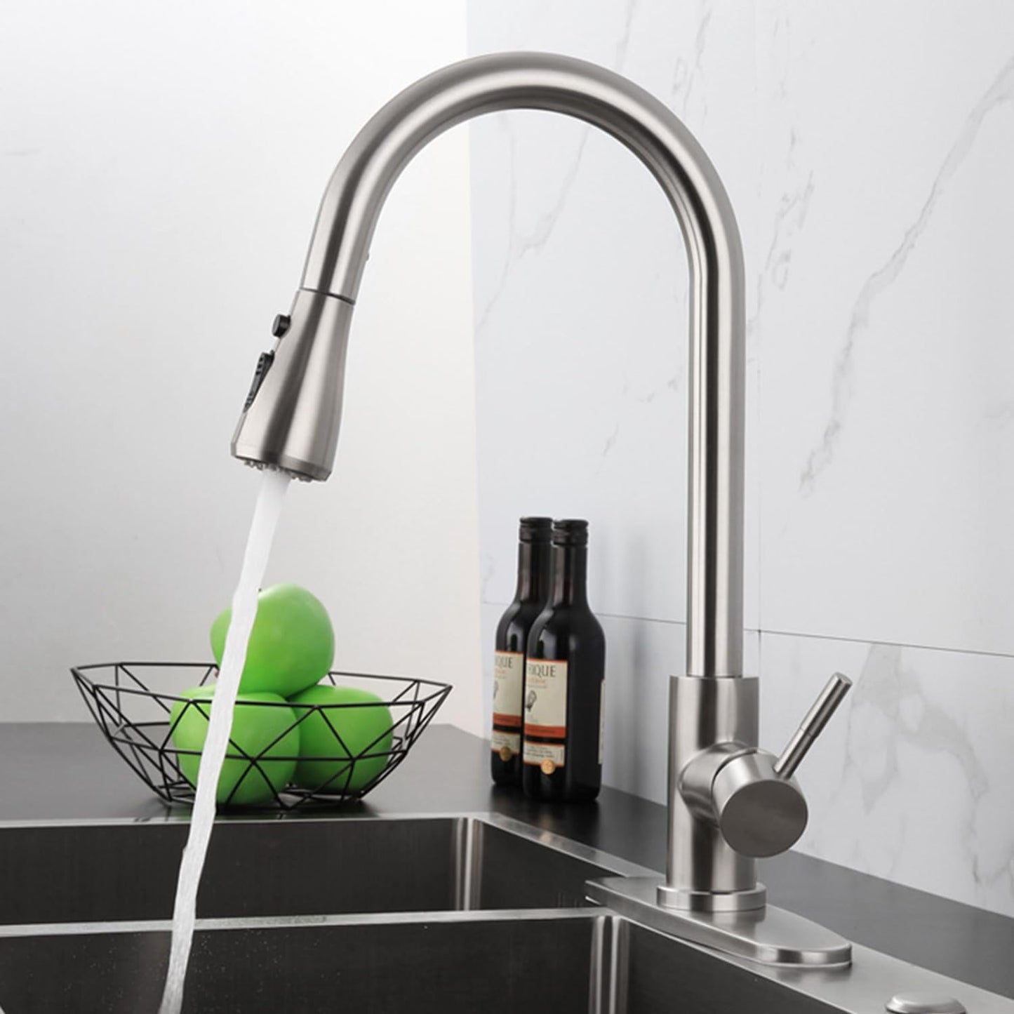 YUUTY Kitchen Sink Faucet with Pull Down Sprayer, Single Handle High Arc Brushed Nickel Tap, 360° Swivel for Farmhouse, Utility, Bar, RV, Laundry Sink, Easy Installation