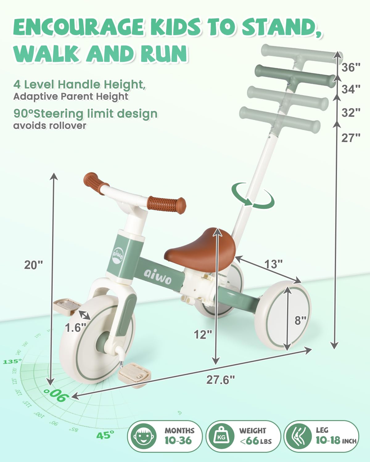 aiwo Tricycle for Toddlers 1-3, Baby Balance Bike with Pedal Conversion for 1 to 4 Year Old First Gift Ride on Toy, Kids Tricycle with Parent Steering Push Handle