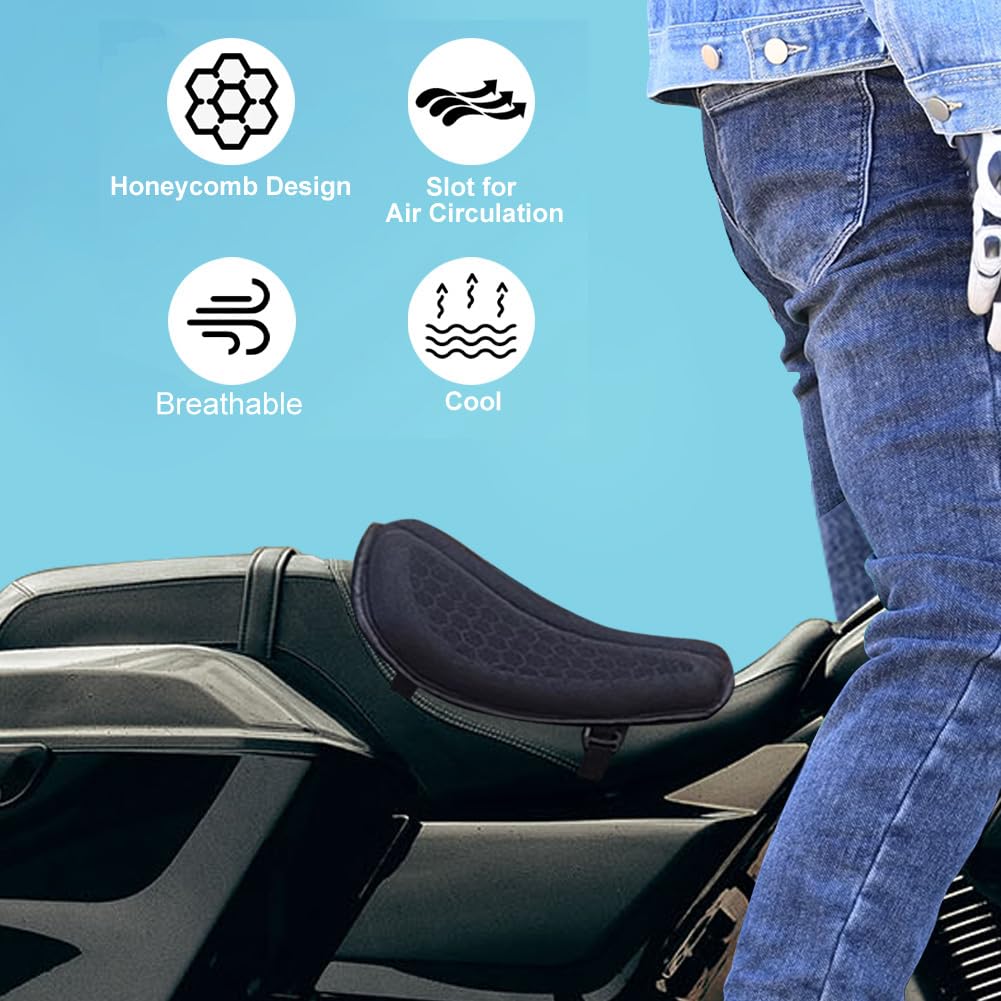 DZG Motorcycle Seat Cushion Breathable Vibration Shock Absorption Pressure Relief Gel Seat Cushion Foldable Motorcycle Seat Pad for Cruiser Touring Long Rides