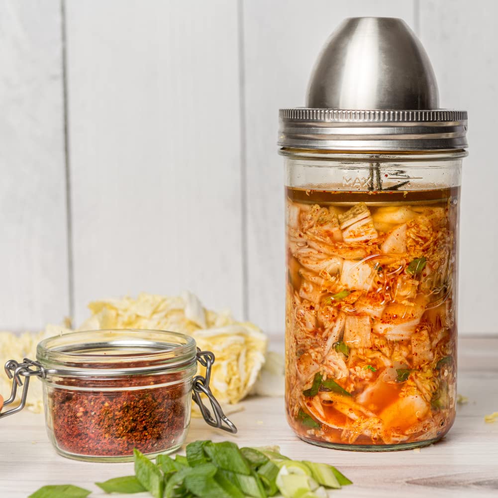 ChouAmi Stainless Steel Fermentation Kit w/Airlock & Weight for Easy Small-Batch Fermenting of Sauerkraut, Kimchi, Pickles ++ Use w/ 1L Le Parfait Wide Mouth Glass Mason Jar & Lid Included (Kit-1L)