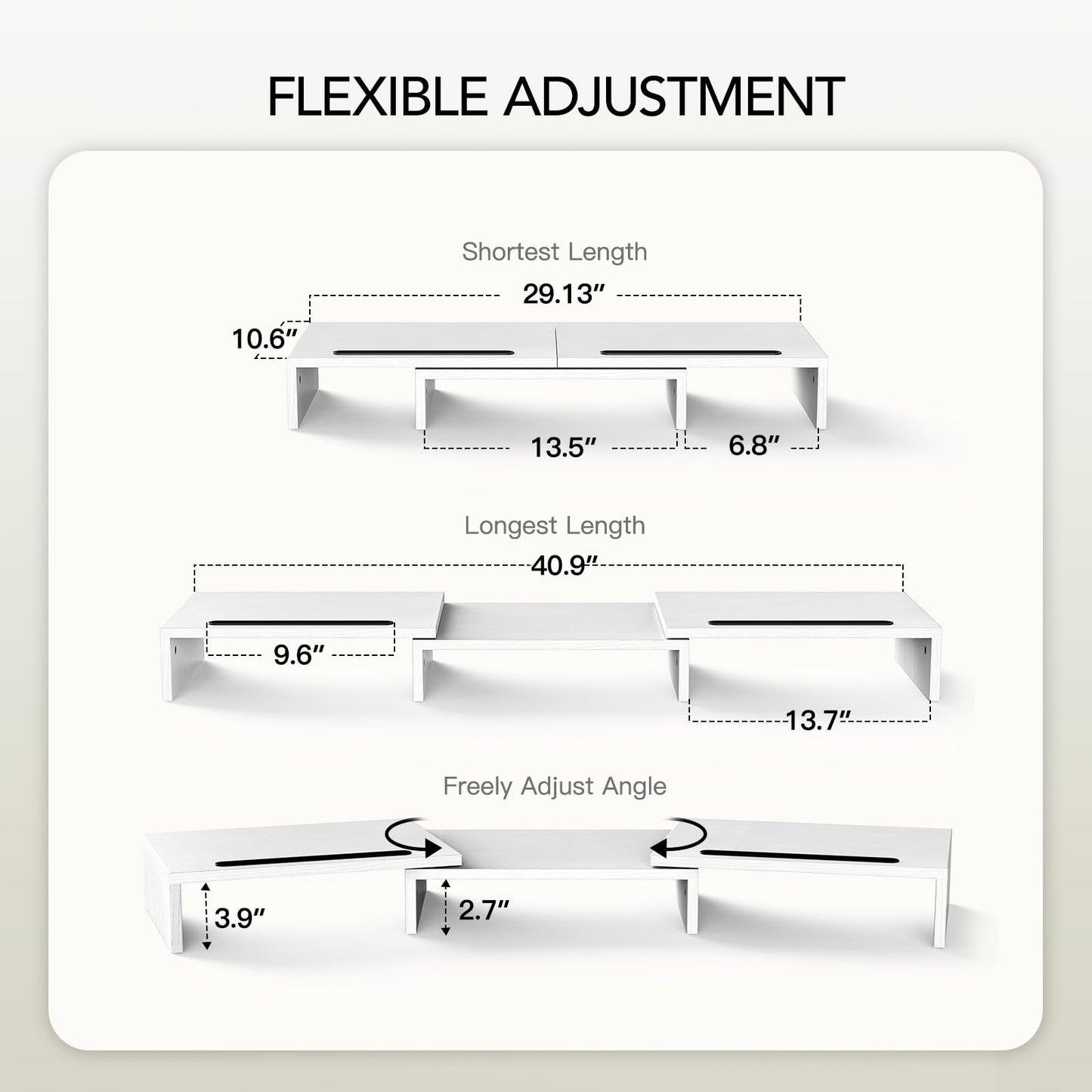 AMERIERGO Dual Monitor Stand -Adjustable Length and Angle, Computer Monitor Stand w/2 Slot, Desktop Organizer, Dual Monitor Stand Riser for PC, Computer, Laptop, White