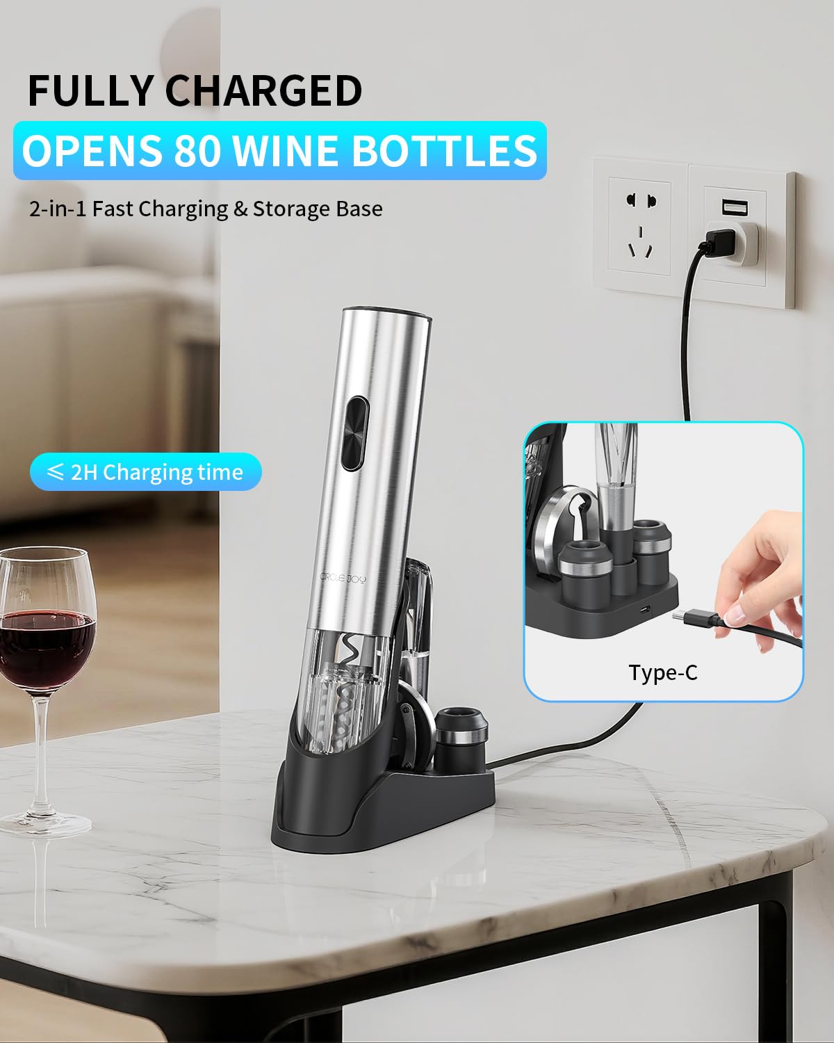 CIRCLE JOY Electric Wine Opener 7-in-1 Stainless Steel Rechargeable Electric Wine Bottle Opener Gift Set with Vacuum Pump, Foil Cutter, Wine Pourer, 2 Vacuum Stoppers & Charging Station