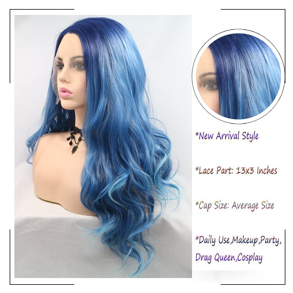 Angle Lucky Ombre Blue Wig for Women Long Curly Wavy Blue Omber Highlight White Free Part Wig Synthetic Pre plucked Lace Front Wig Heat Resistant Cosplay Halloween Mermaid Wigs 24 Inch