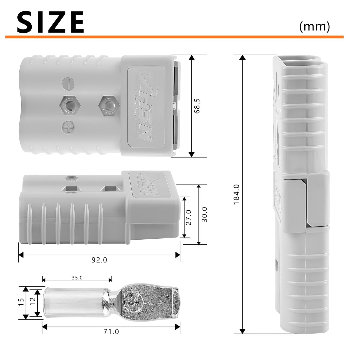 Zhushan 2 Pcs 350A Battery Quick Disconnect Connector Plug Kit for Trailer Winch - AWG 2/0 Gauge, Grey - Easy and Reliable Power