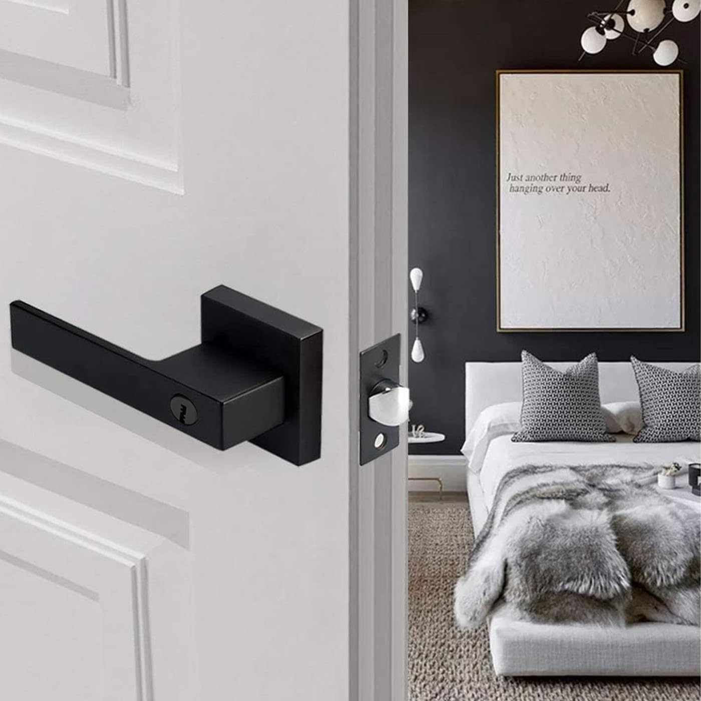 Entry Door Handle Lever with Lock Key, Black Square Heavy Duty Door Knob for Use Entry, Passage, Bathroom, Office, Bedroom, Front Entrance Exterior Interior, Rust-Proof Black Coating