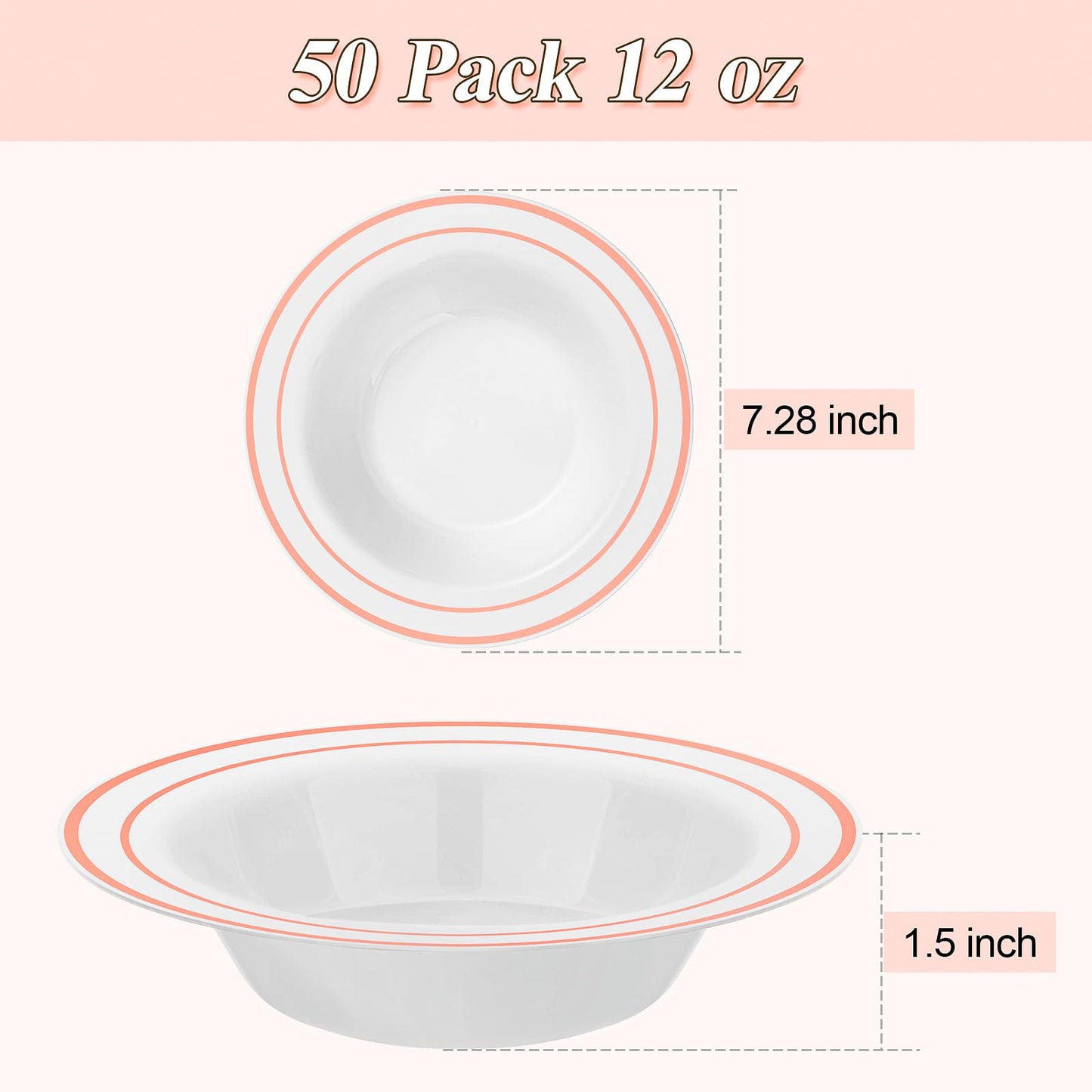BESTSTAR 50 Pack Disposable Soup Bowls with Rose Gold Rim, 12oz Premium Heavy Duty Plastic Dinner Bowls for Party, Wedding and Holiday