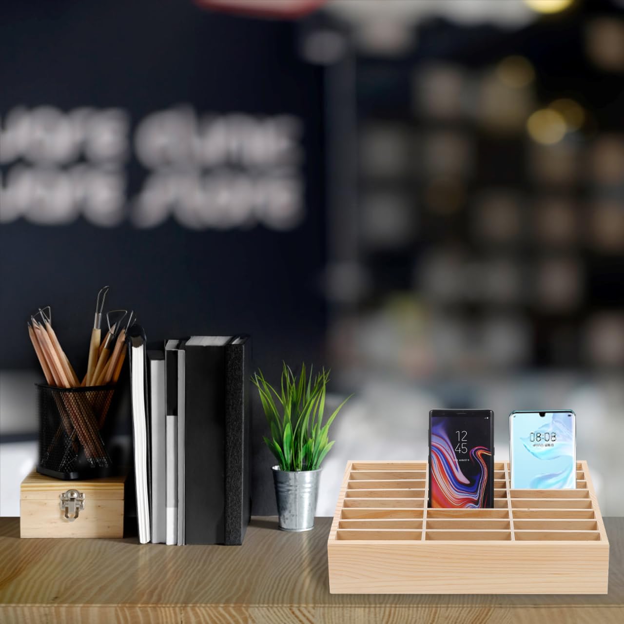 STOBOK 36-Grid Wooden Mobile Phone Storage Box Organizer for Classroom and Office Desk Multi-Compartment Cell Phone Holder for Secure Device Management