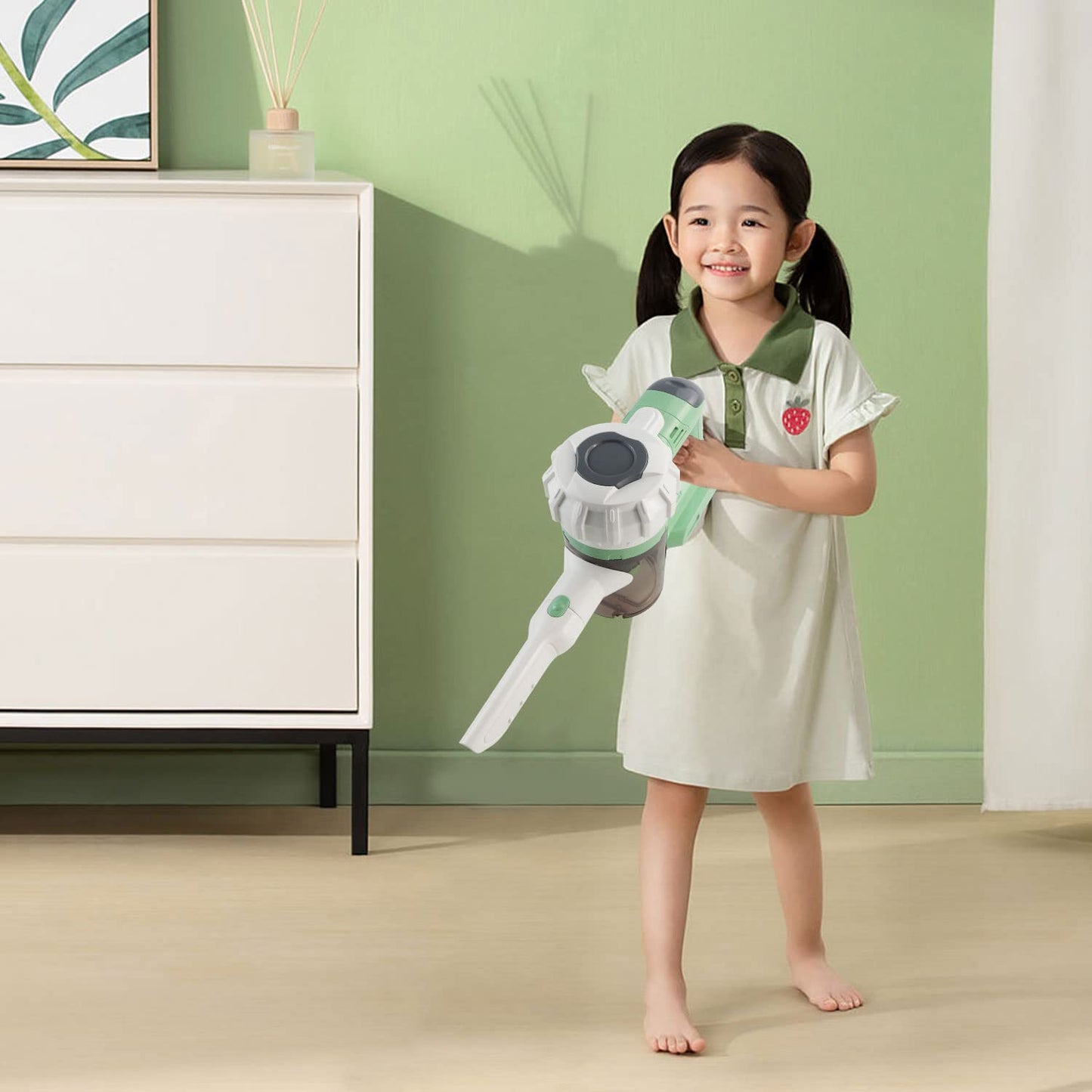 BAYMI 3-in-1 Kids Vacuum Cleaner That Works - Toddler Vacuum Cleaning Toy Set for Children Aged 3+, Kids Working Play Vacuum with Real Suction for Realistic Play (Green)