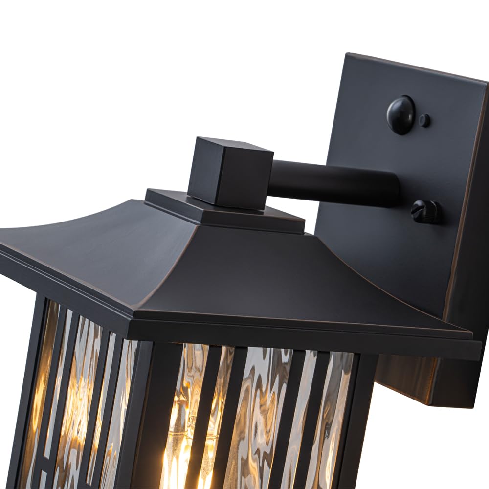 OUPAVOCS Outdoor Wall Lights with Motion Sensor, Dusk to Dawn Porch Light Sconce, Mate Black Exterior Wall Lantern with Water Glass, Patio Lighting Fixtures Wall Mount for House, Set of 2