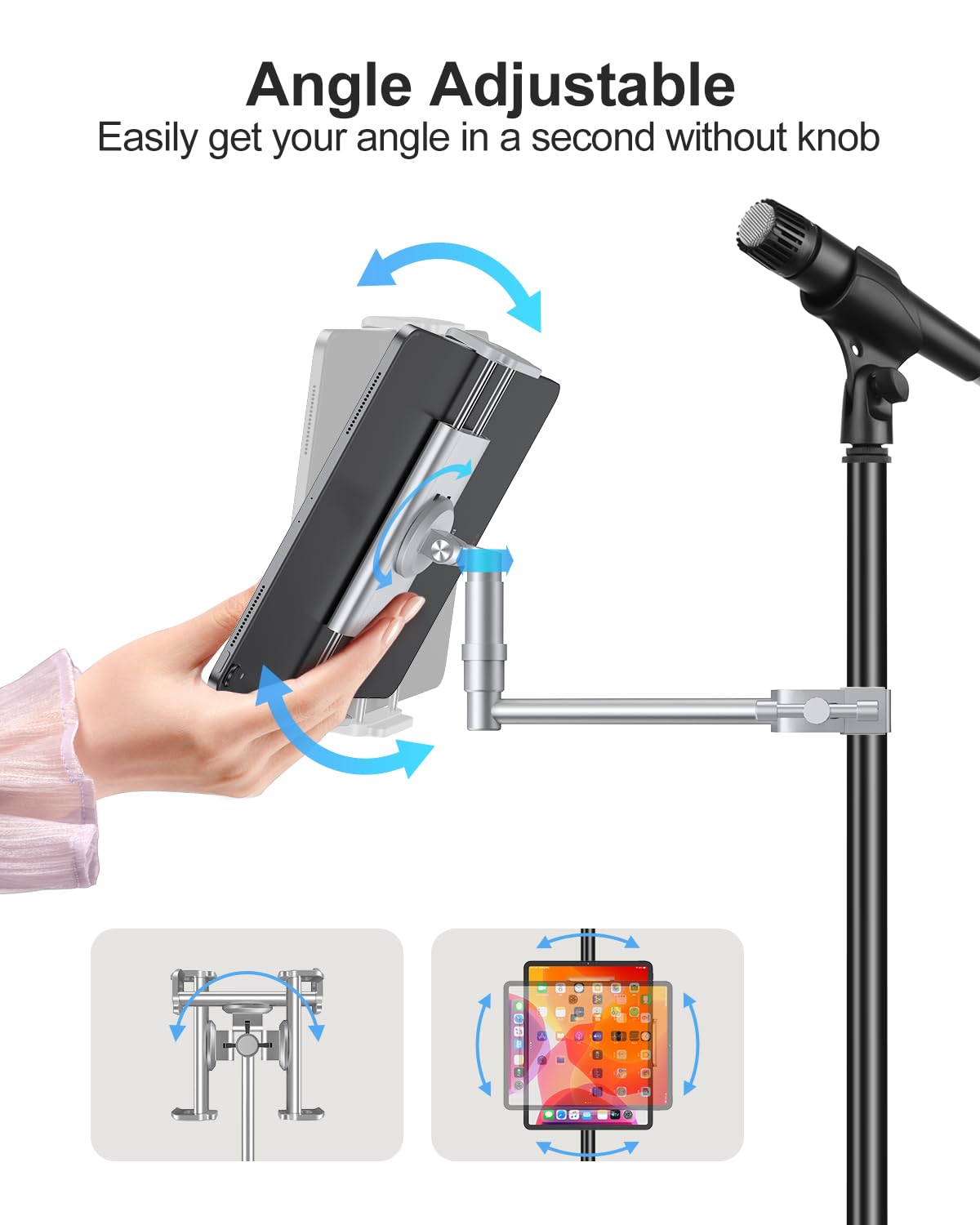 elitehood Aluminum iPad Holder for Mic Stand, Side Mount iPad Music Stand Holder for Microphone, 360° Swivel Tilt Adjustable Mic Tablet Mount for 4-13in iPhone, Cell Phones and Tablets, Sliver