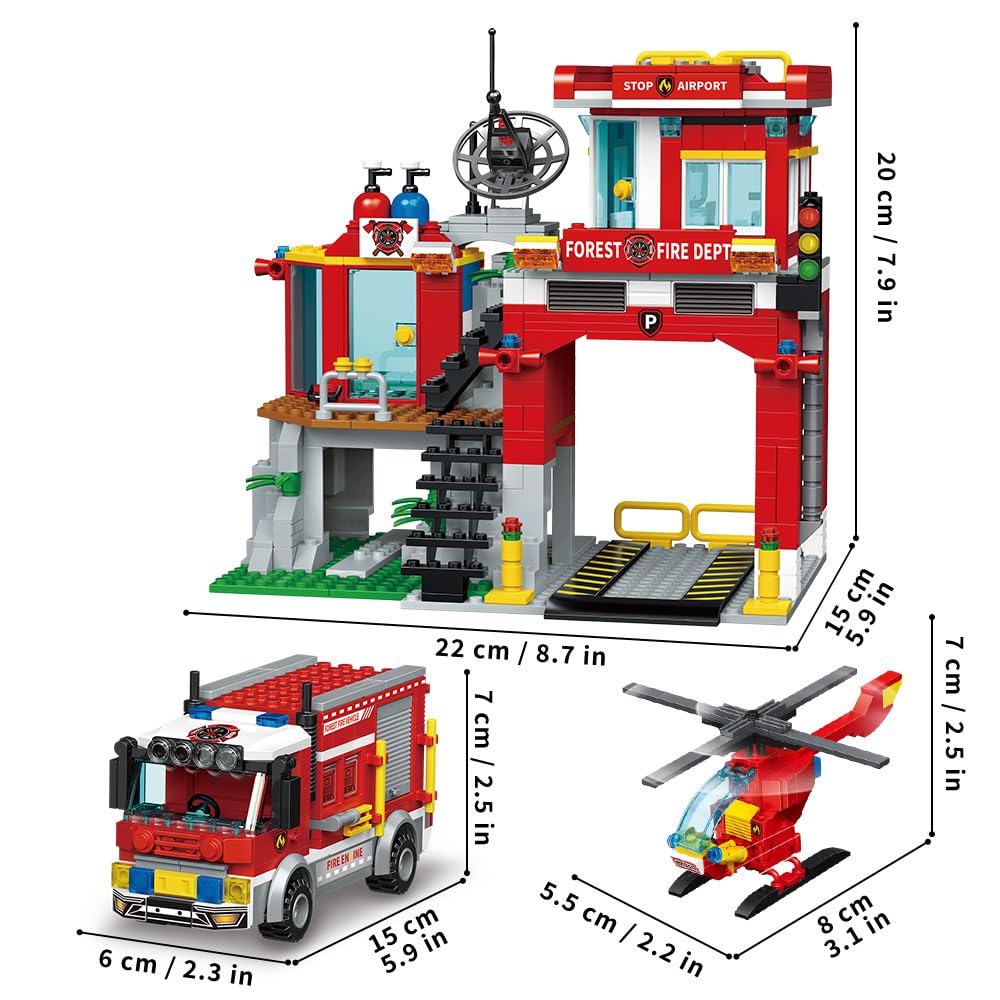 City Fire Rescue Building Set with Fire Station, Truck & Helicopter,737pcs Toy Gift for Boys 8+