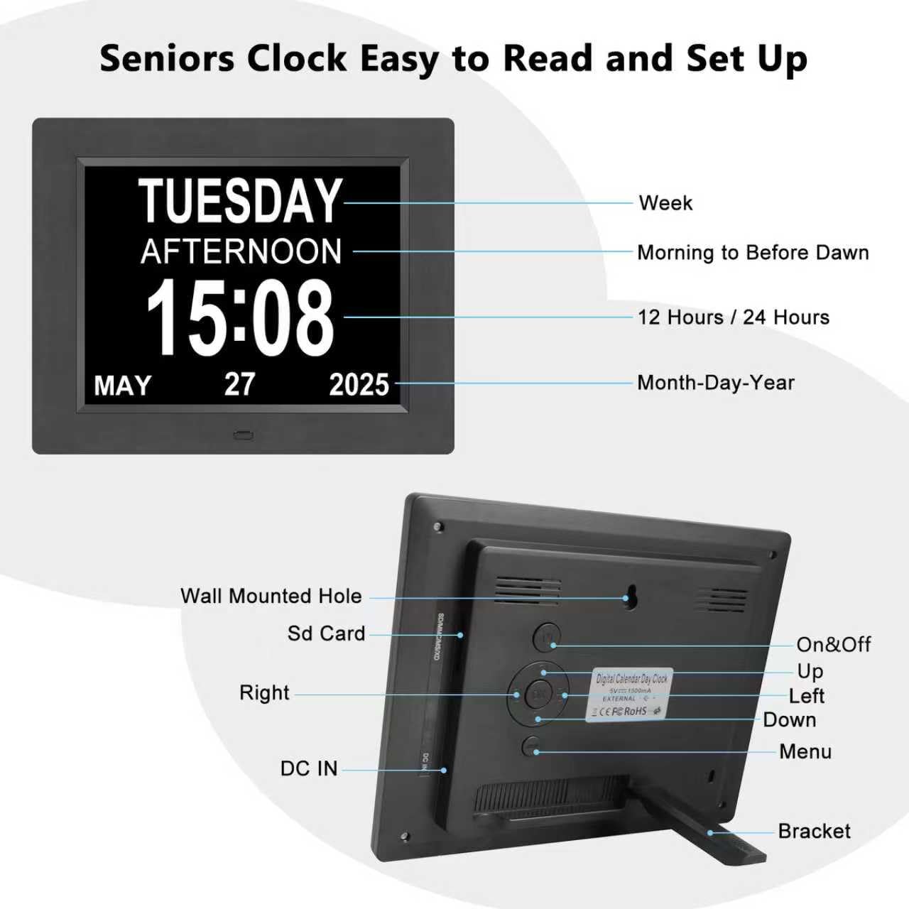 Dementia Clock for Seniors Clock with Date and Time for Elderly-8 Alarm Option & Auto-Dimming 8 Inch Large Number Display Digital Calendar Day Alzheimers Clock