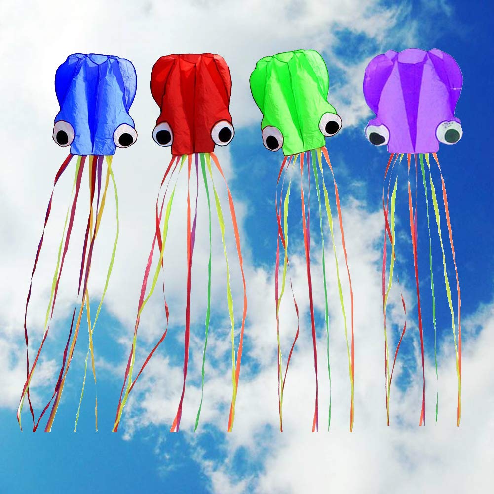 Set of 4 Large 157.5" High Cartoon Big Round Eyes Octopus Kites with Colorful Ribbon and Kite Board with 98.4 Foot String for Kids Toy Enjoy Parent-Child Time Beach Park Outdoor