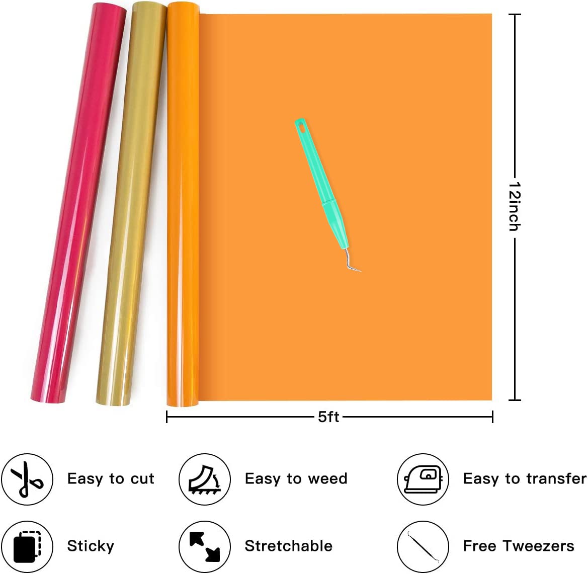 HTVRONT HTV Heat Transfer Vinyl Bundle (12 Pack) - 12" x 5FT HTV Vinyl Rolls, Easy to Cut Iron on Vinyl for All Cutting Machines, Easy to Weed Heat Transfer Vinyl