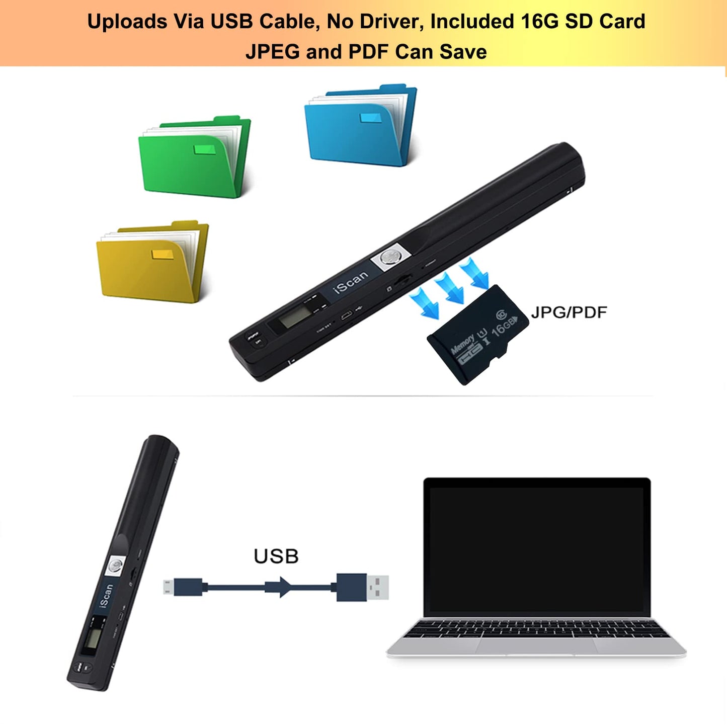 AUTENS Portable Handheld Scanner Included 16G SD Card, Wand Scanner for A4 Documents Pictures Pages Texts Receipts Books Up to 900DPI, JPG/PDF Format Selection, Uploads Via USB Cable, No Driver