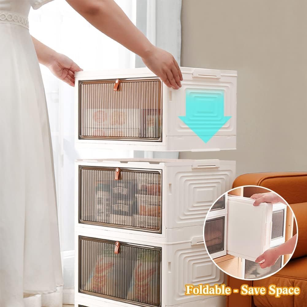UHAPEER 3 Tier Plastic Stackable Storage Bins with Lids, Foldable Storage Box with Magnetic Doors and Wheels, Storage Container for Cabinet Closet Storage, Book, Clothes, Food Organization and Storage