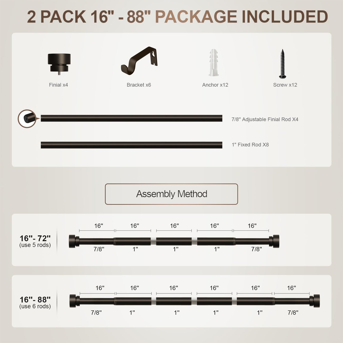 2 Pack Modern Brown Curtain Rods Set for Windows 48 to 84 Inches Adjustable Length Heavy Duty 1" Diameter Window Curtain Rod with Decorative Finials for Outdoor Bedroom Kitchen Living Room