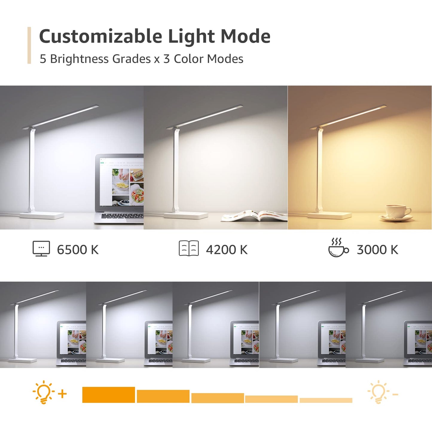 Lepro Desk Lamp LED with USB Charging Port, Dimmable Table Lamp Eye Caring Home Office Reading Touch Control, 3 Color Modes, 5 Brightness Level, College Dorm Room Essentials, Sewing, Crafting, White