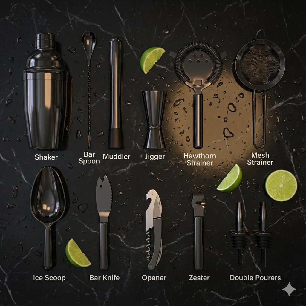 Highball & Chaser 13-Piece Cobbler Cocktail Shaker Set: Black Polished Stainless Steel Bartender Kit for Home Bar Cocktail Set | Cocktail Tools | Plus E-Book with 30 Cocktail Recipes (Gunmetal Black)