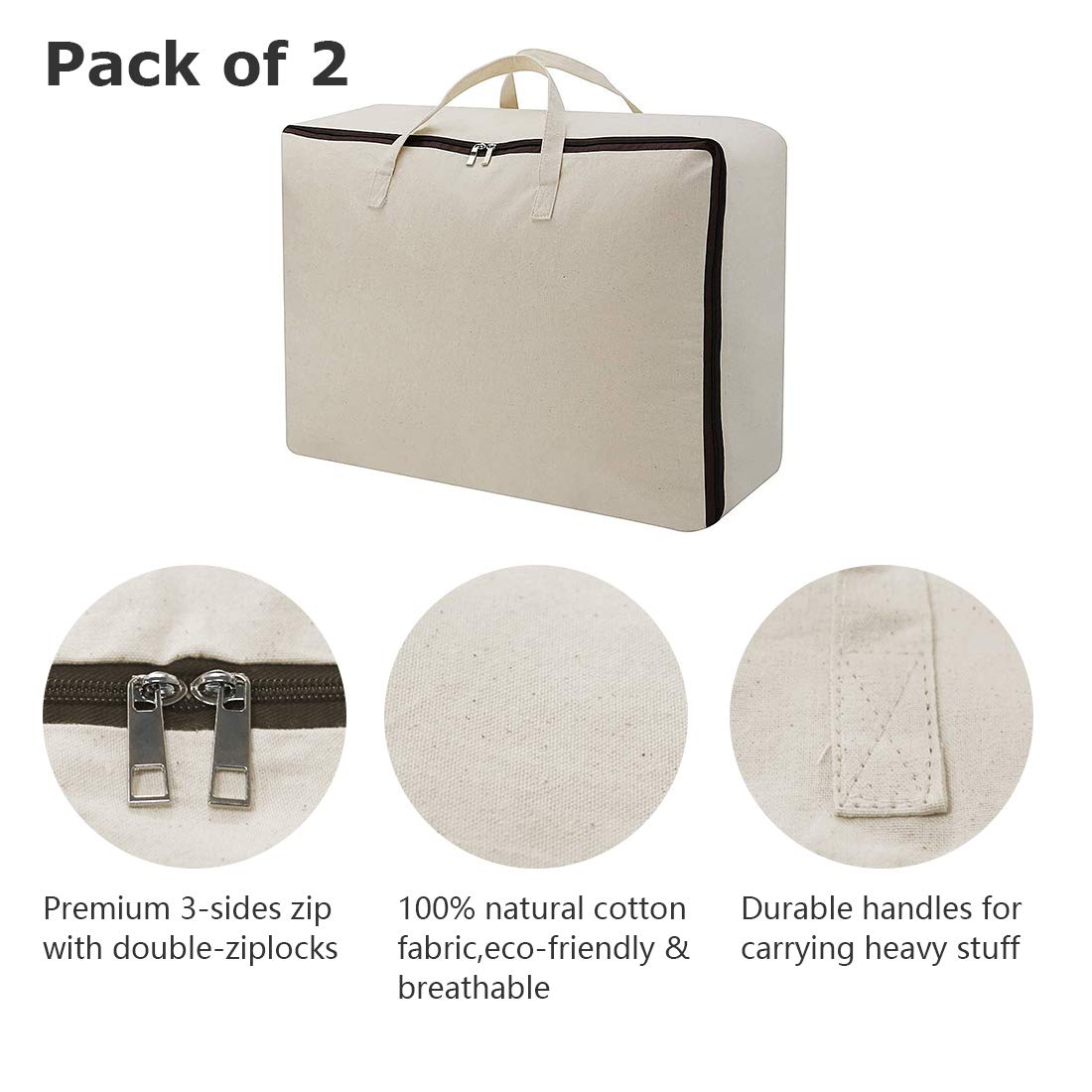 iwill CREATE PRO Breathable Canvas Cotton Soft Storage Bags with Handles & 3-side Zip, Good for Cotton Clothes Bedding Organizer Bins, Beige, 3pcs