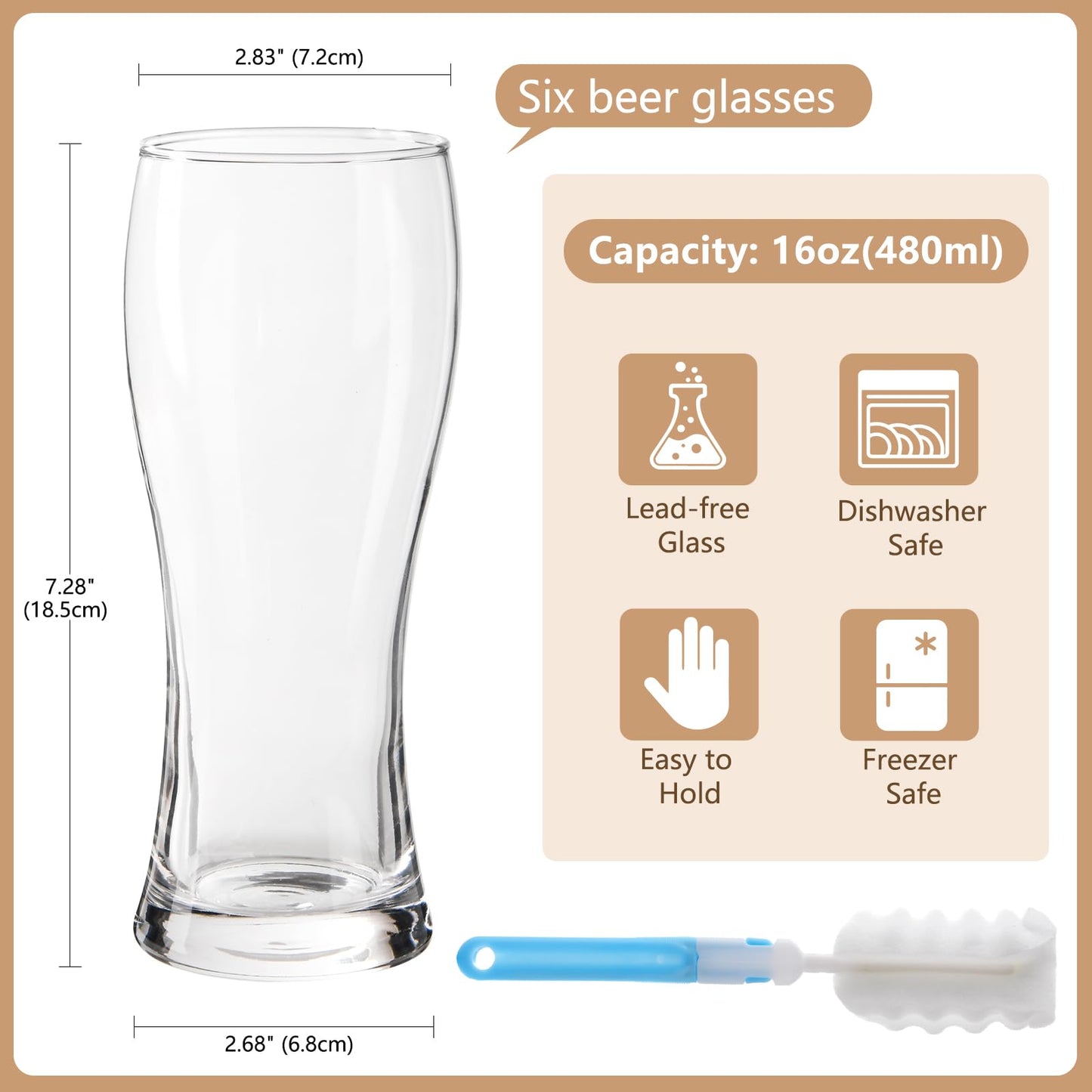 BPFY 16oz Pilsner Beer Glasses Set of 6 for Home, Pub, Food-Grade Clear Pint Glasses, Easy to Grasp Bar Glassware, Dishwasher Safe(480ml)
