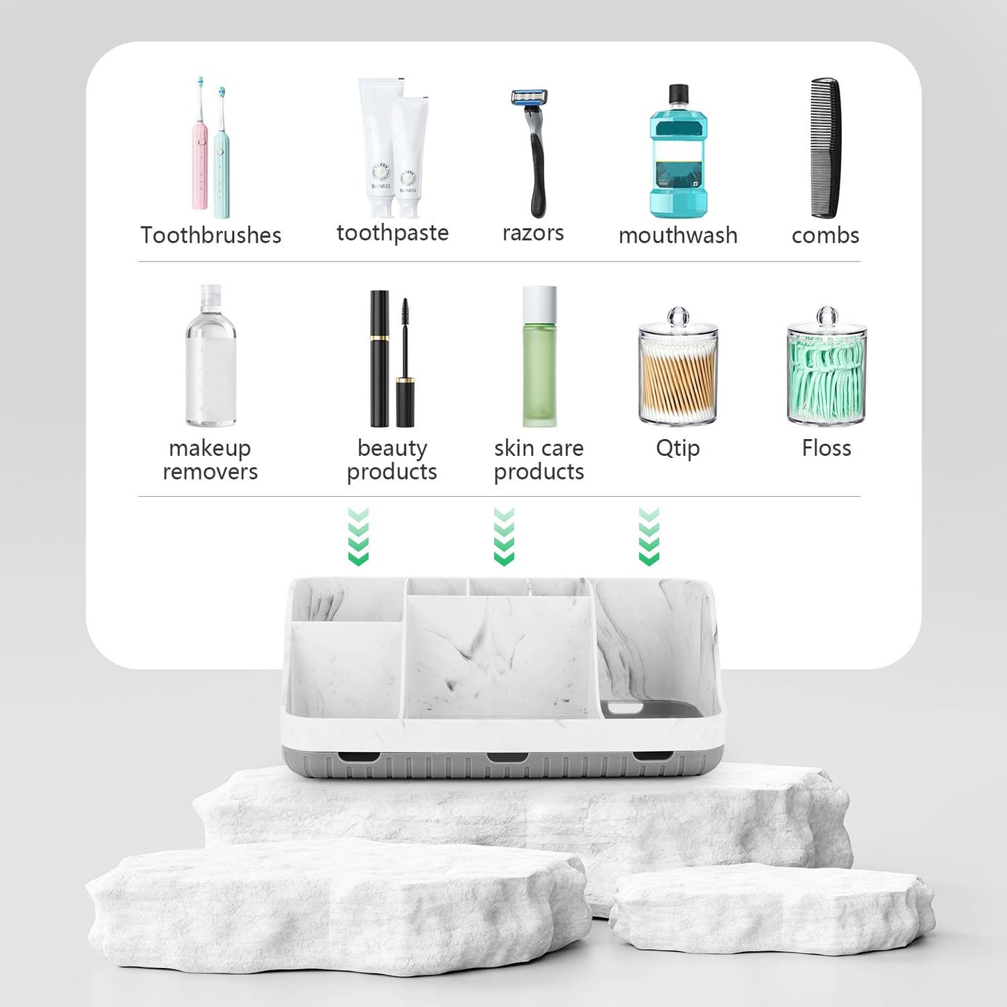 Bathroom Toothbrush Holder Set with 2 Pack Qtip Holder Dispenser - Detachable 7 Slots Bathroom Accessory Set, Kids Marble Bathroom Sink Counter Set, Bathroom Essentials Decor, Grey