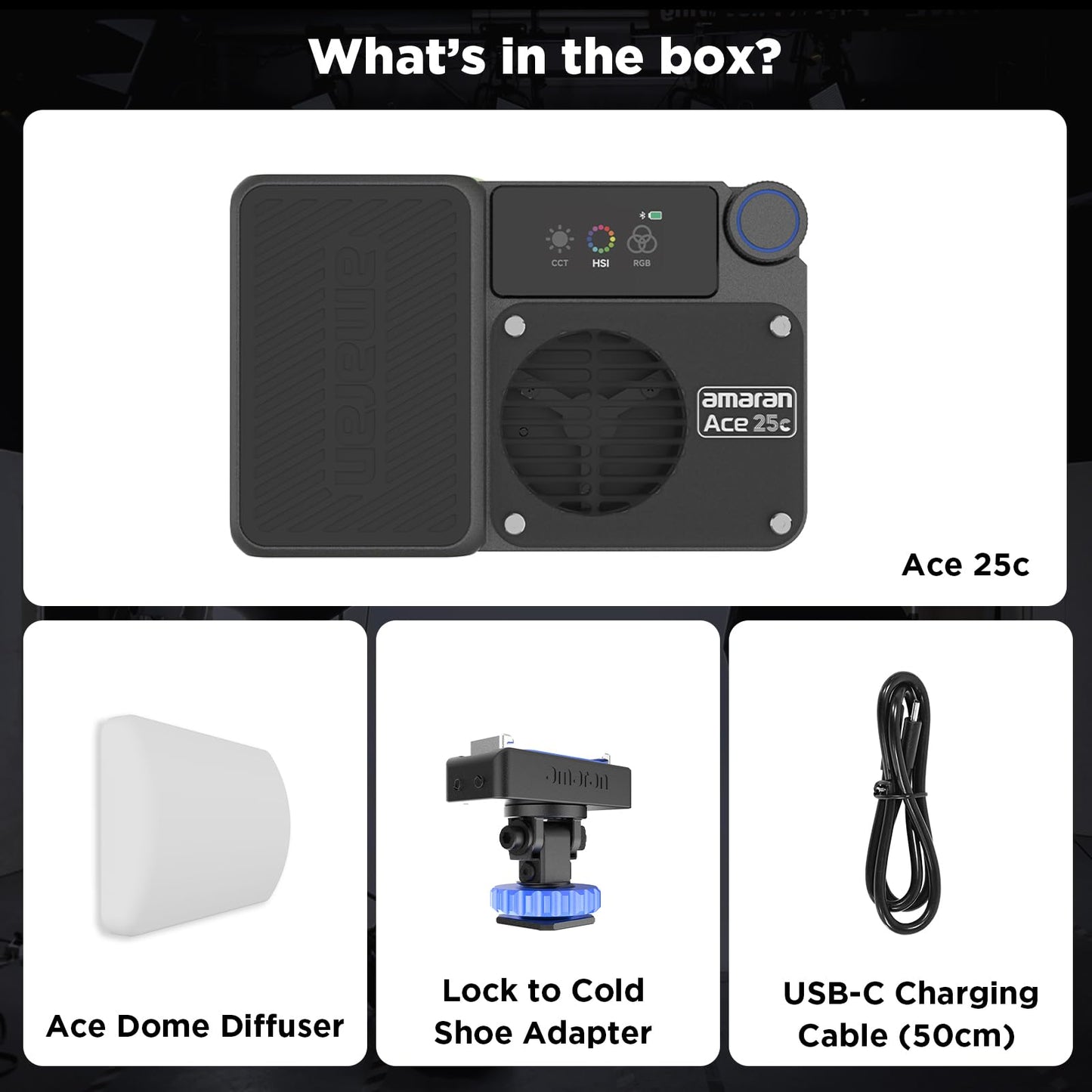 Amaran Ace 25c Pocket RGBWW LED Light, Boost Mode Up to 32W, Full-Color Mini Video Light (2,300-10,000K), 1,500 Lux@1m at 5,600K, 4500mAh Battery with PD Fast Charging for Mobile Creators (Charcoal)