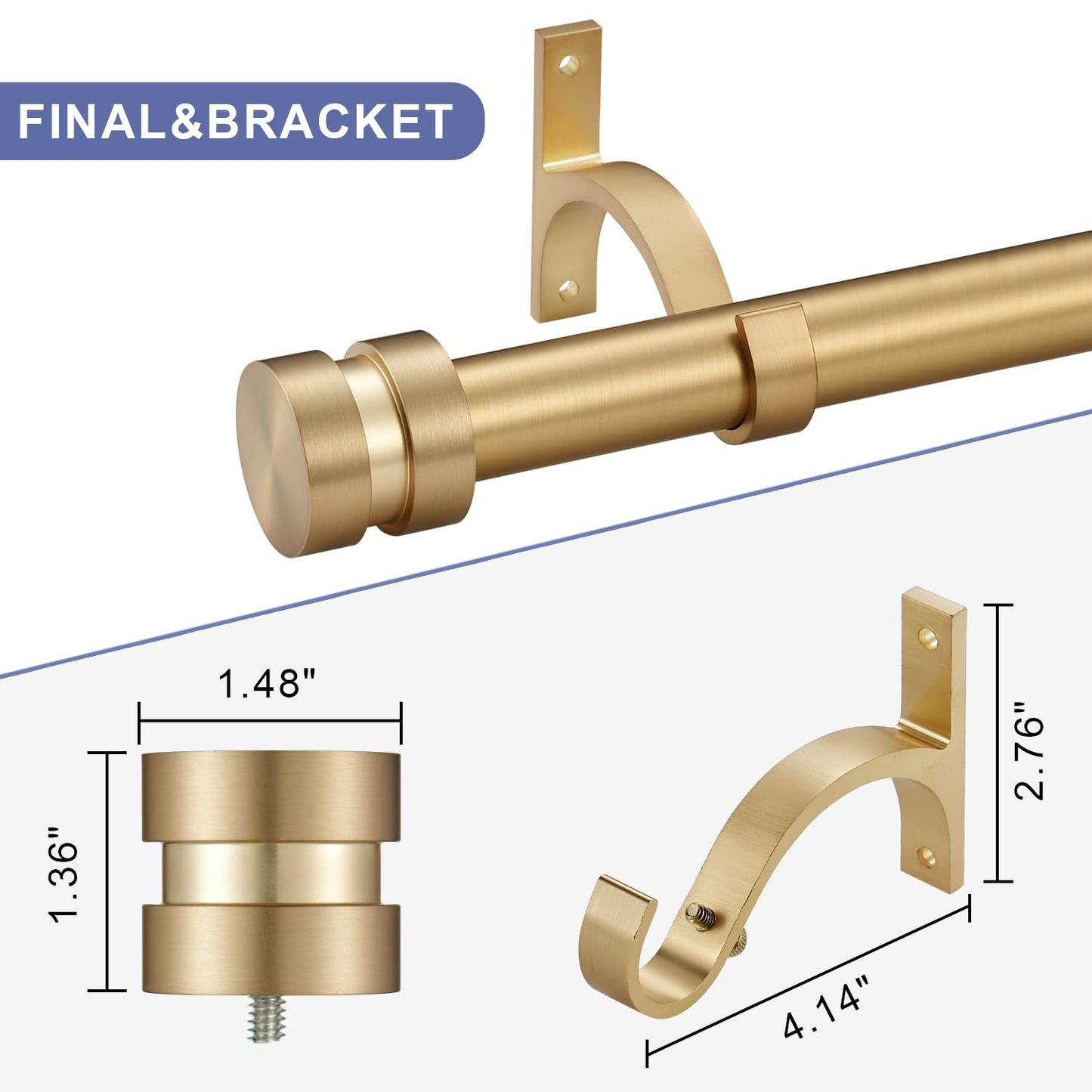 16-150 inch Long Adjustable Warm Gold Curtain Rods,1 inch Diameter Splicing Heavy Duty Rod Set with Aluminum Finals for Windows, Door, Drapery, Closet