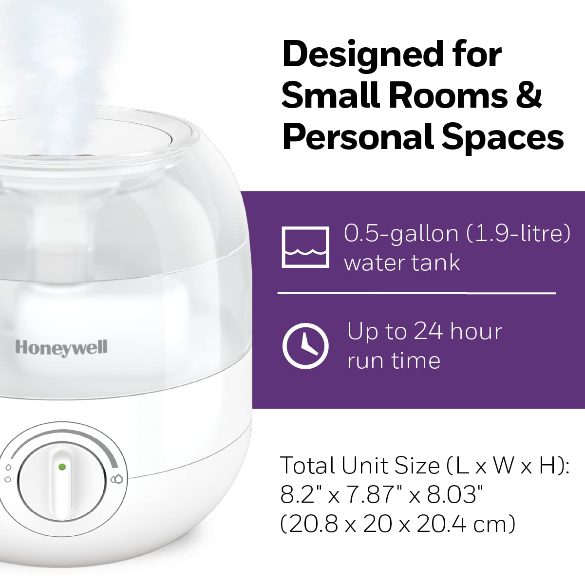 Honeywell HUL525WC Mini Mist™ Ultrasonic Cool Humidifier, White, With Essential Oil Tray, Variable Output Control, Auto Shut-off, Ultra Quiet Operation, Directional Outlet, Visible Mist