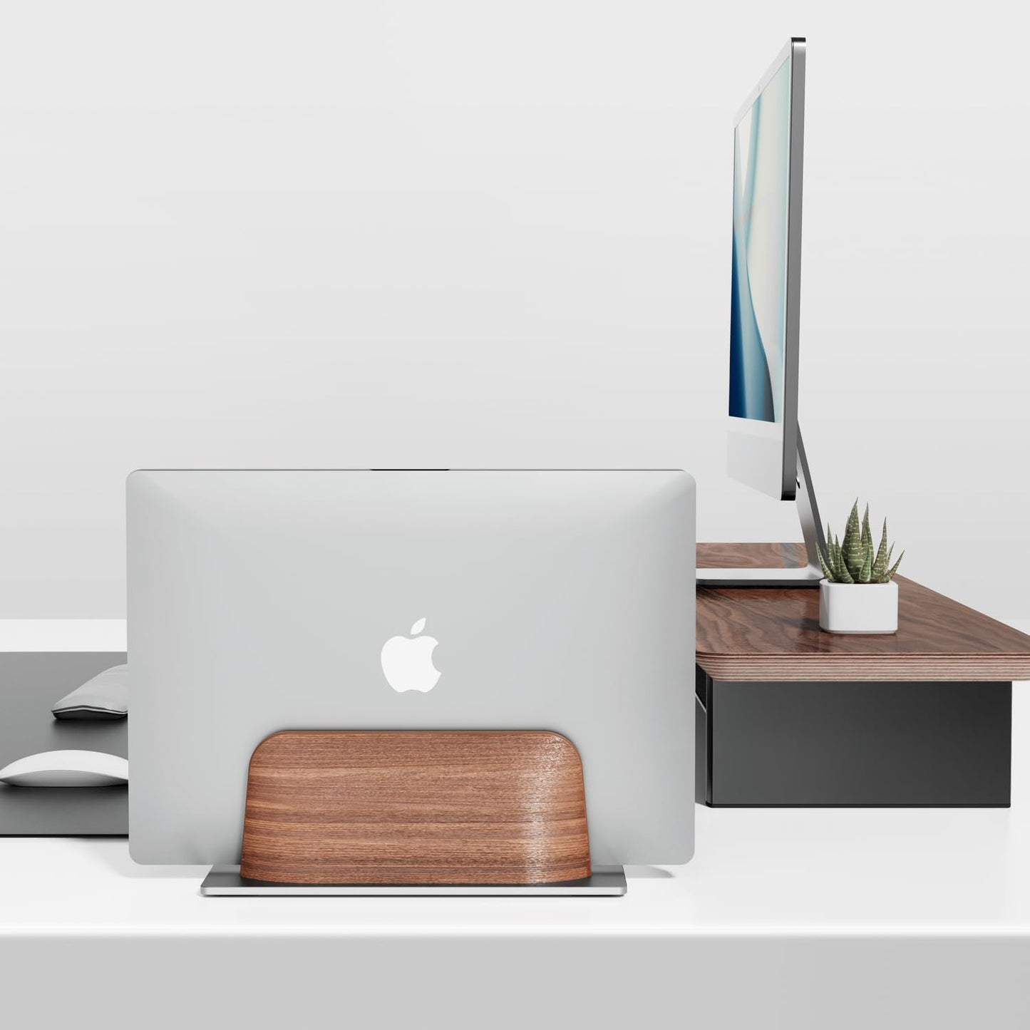 Vertical Laptop Stand for Desk, Black Walnut Wood and Aluminium Laptop Holder for All MacBook, Surface, Samsung, HP, Dell, ‌Chromebook