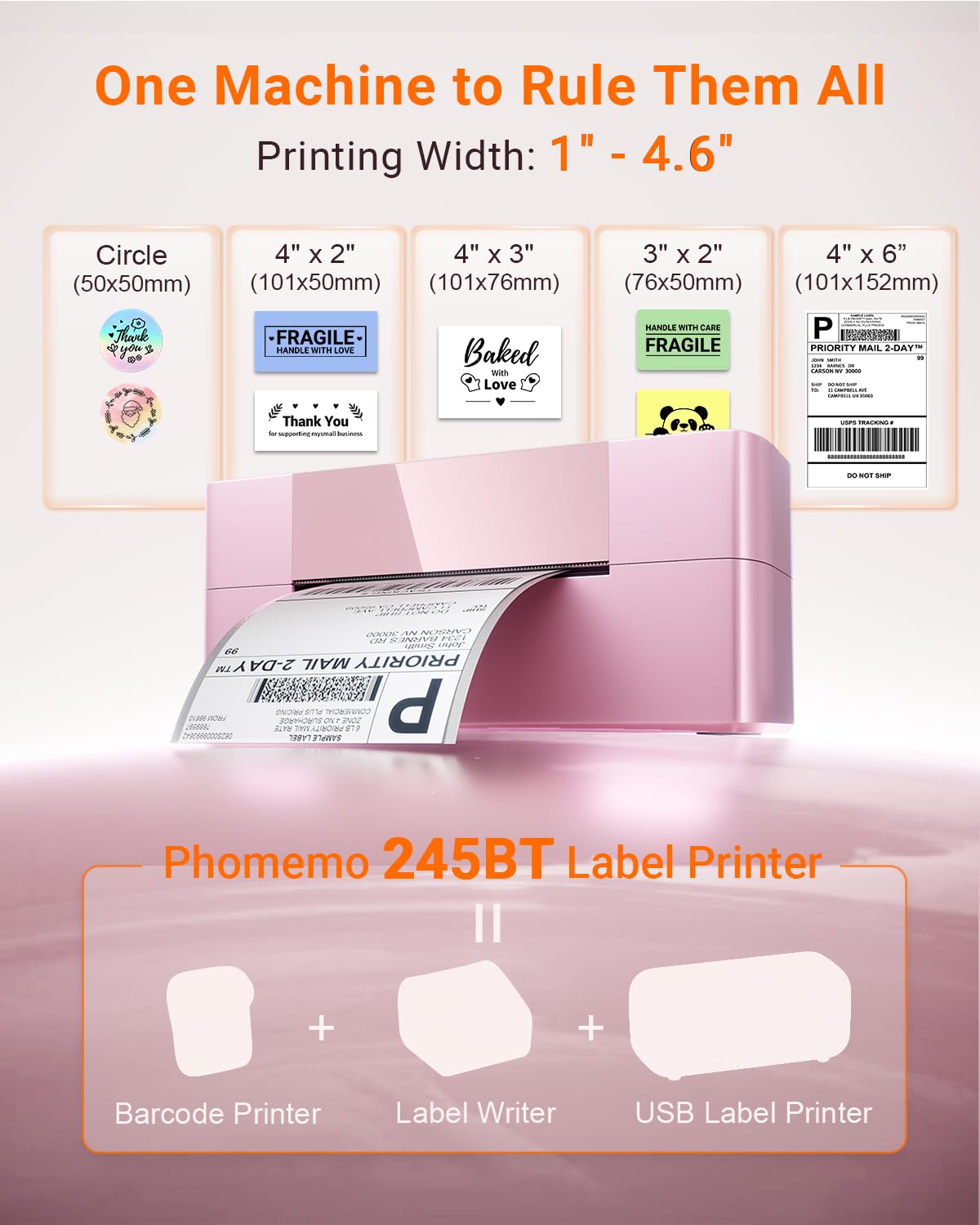Bluetooth Thermal Label Printer Pink, Wireless Shipping Label Printer 4x6 for Small Business & Shipping Package, Desktop Label Printer, Compatible with macOS, Canada Post, Amazon, Shopify, Etsy