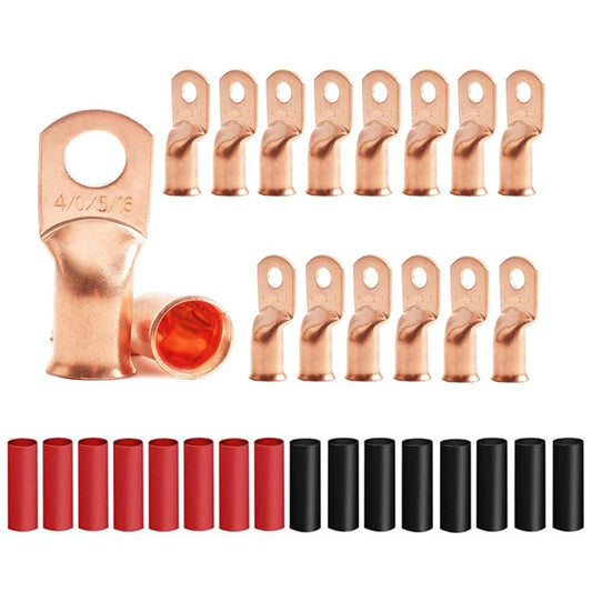 16Pcs 4/0 AWG 5/16" Stud Heavy Duty Copper Wire Lugs with 16Pcs 3:1 Black & Red Heat Shrink Tubing 4/0 Gauge Copper Battery Cable Ends Eyelets Tubular Ring Terminal