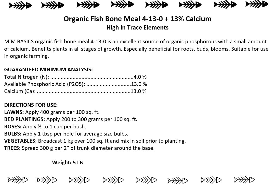 (5 LB) Organic Fish Bone Meal 4-13-0 + 13% Calcium, High in Trace Elements, Beneficial for Roots, Buds, Blooms, All Stages of Growth (Fish Bone Meal 5 LB)