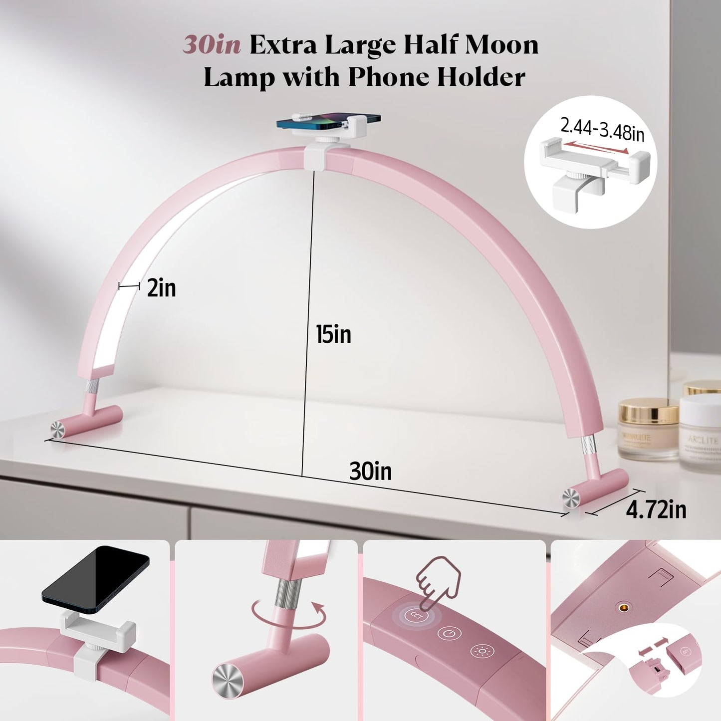 Mznoo Nail Light for Desk, 30in Large Half Moon Light with Phone Holder, 4000 Lumen Bright LED Moon Lamp for Nail Techs, Manicure and Handicraft, Adjustable Color Modes and Brightness (Pink)