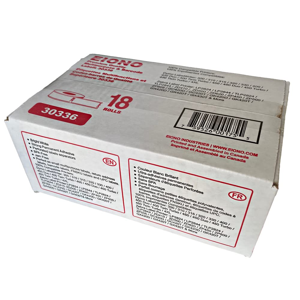 EIONO® - [18 Rolls, 9000 Labels/ 500 Per Roll] Compatible with DYMO 30336 (1" x 2-1/8") Multipurpose & Barcode Labels - Compatible with Rollo, DYMO Labelwriter 450, 4XL & Zebra Desktop Printers