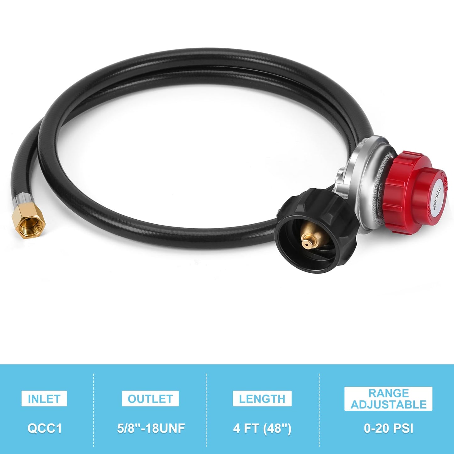 WADEO 4FT Propane Regulator Hose and Burner Head, High Pressure Cast-Iron Round Burner Head 65000 BTU with 4FT 20 PSI Adjustable High Pressure Propane Regulator with Hose and Brass Fitting