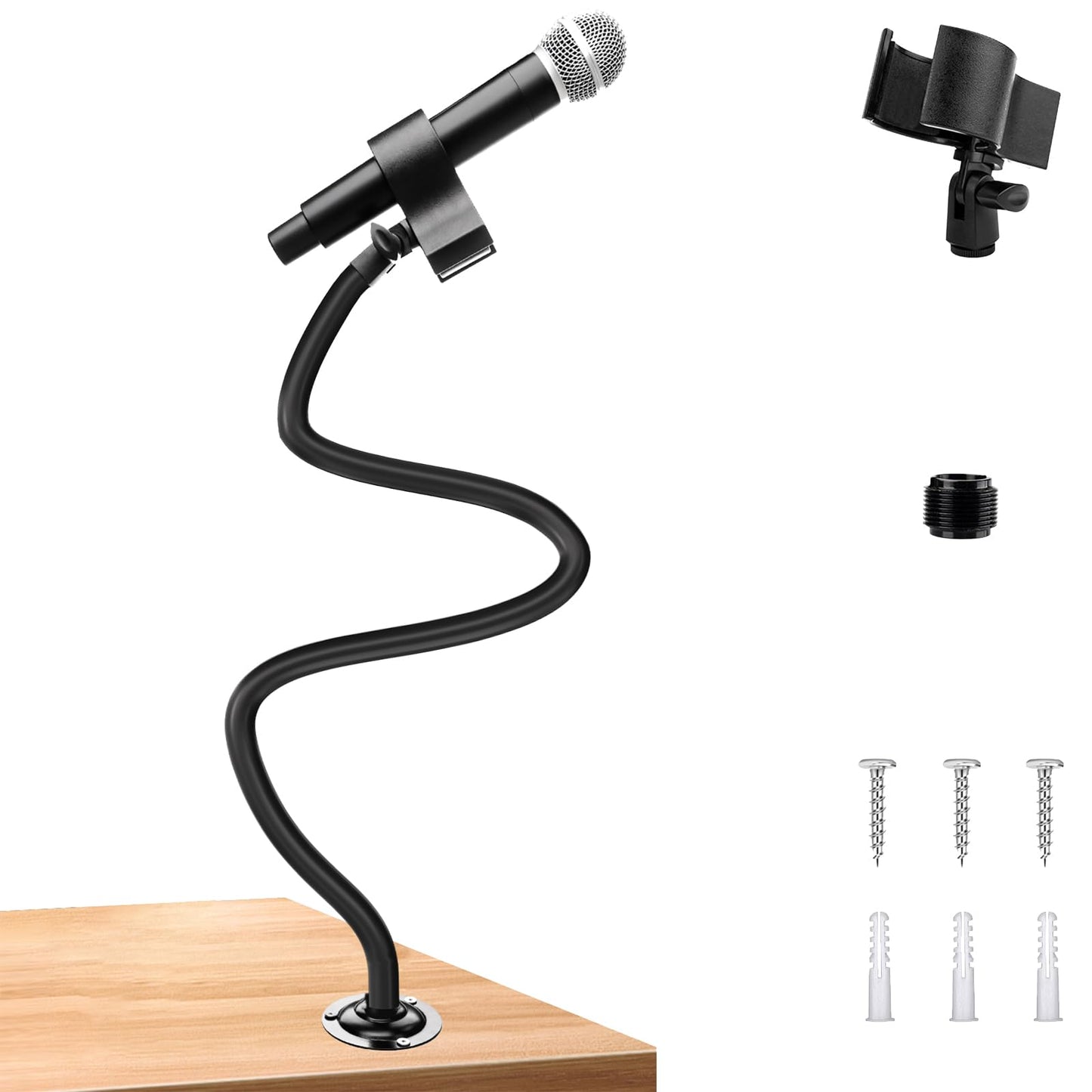 Microphone Holder - 23.6 inch Long Arm Gooseneck Desktop Mic Stand,Mic Arm Wall Mount,Metal Base Mic Clip 3/8" to 5/8" Adapter for Walls/Desk/Podium,Compatible with Shure/Fifine/AT2020/Pyle/Razer