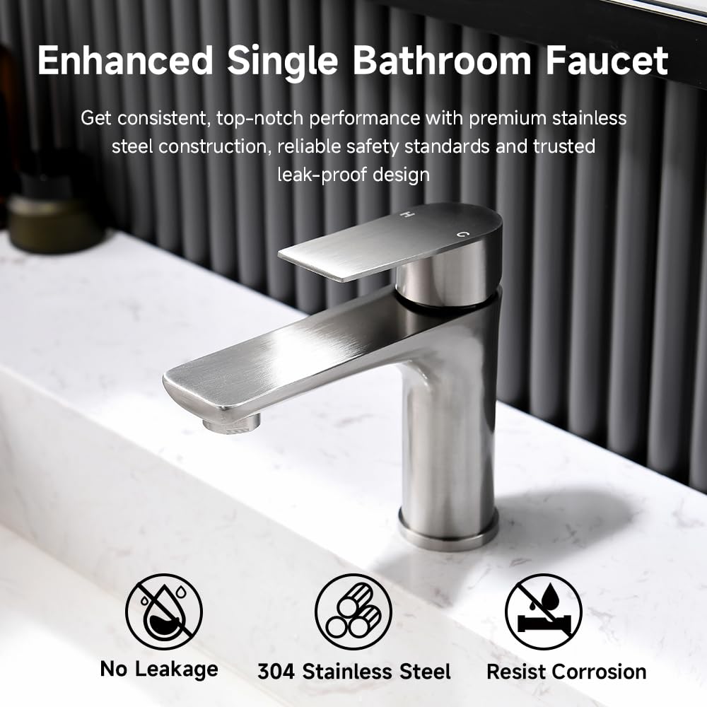 Brushed Nickel Bathroom Faucet Without Deck Plate & Pop-up Drain, Single Handle Stainless Steel Bathroom Sink Faucet, Single Hole Faucet for RV Camper Farmhouse Lavatory Bar Vanity Sink, BF019L