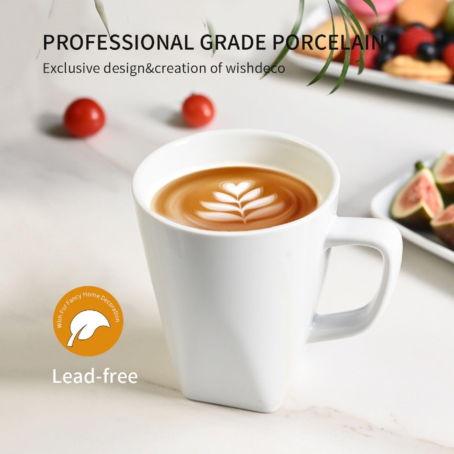 WishDeco White Coffee Mugs Set of 6, Ceramic Coffee Cups 14 oz / 400 ml, Modern Tea Mugs, Porcelain Tea Cups, Large Mug for Latte, Cappuccino, Milk, Juice, Square Bottom, Microwave and Dishwasher Safe