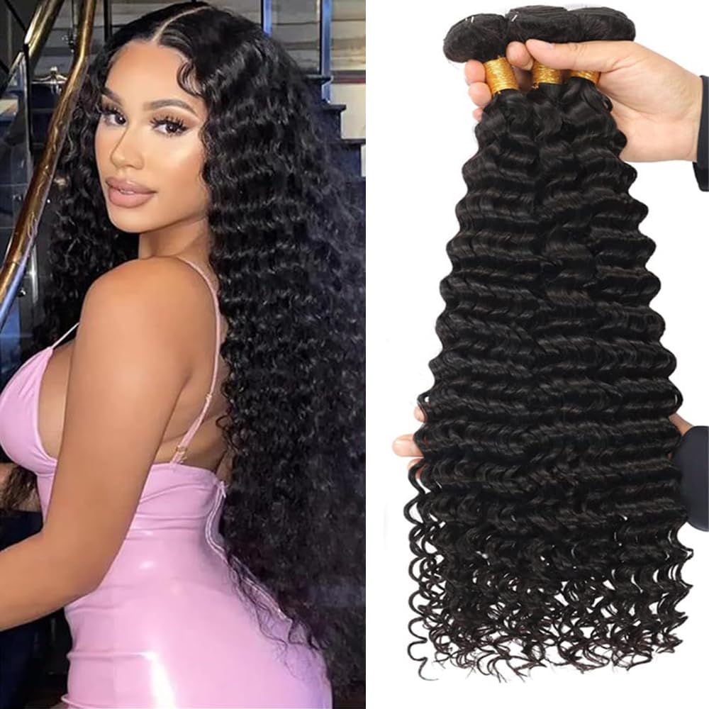 Datanala Deep Wave Bundles Human Hair Brazilian Virgin 100% Unprocessed Human Hair Grade 12A Deep Wave Human Hair Bundles 18 20 22Inch Deep Curly Human Hair Weave Natural Black Color For Women(18 20 22Inch)