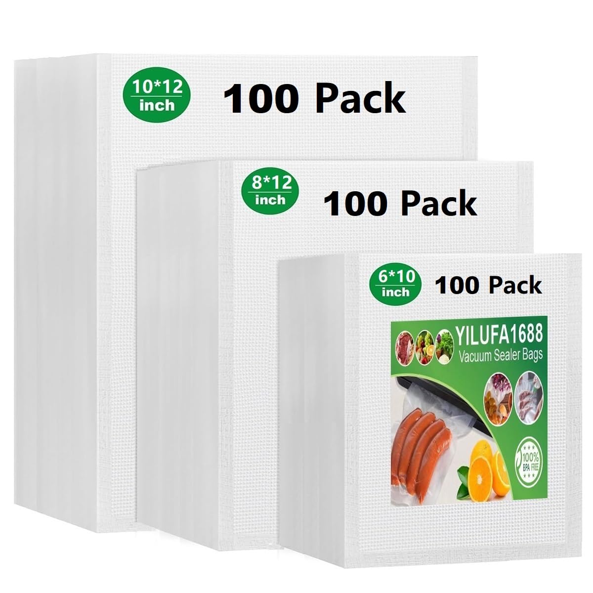 300 PCS Vacuum Sealer Bags for Food Saver - Pre-Cut Freezer Bags (10"x12"+8"x12"+6"x10"), 6X Longer Freshness, BPA Free Sous Vide Bags & Microwave Safe for Food Storage, Fits All Clamp Sealers