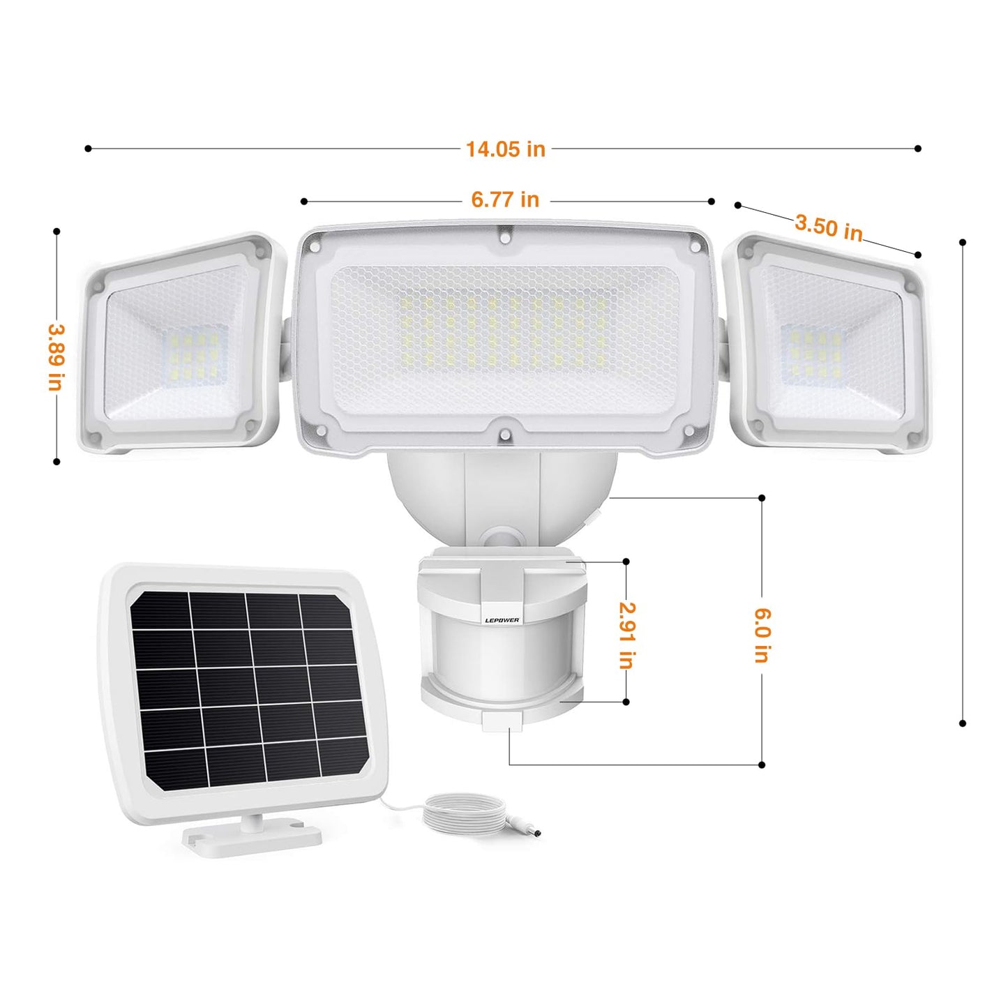 LEPOWER LED Solar Motion Outdoor Security Light, 1600LM Solar Motion Sensor Lights, 5500K White Light IP65 Waterproof Outdoor Flood Solar Light with 3 Adjustable Head for Yard, Garage（White）