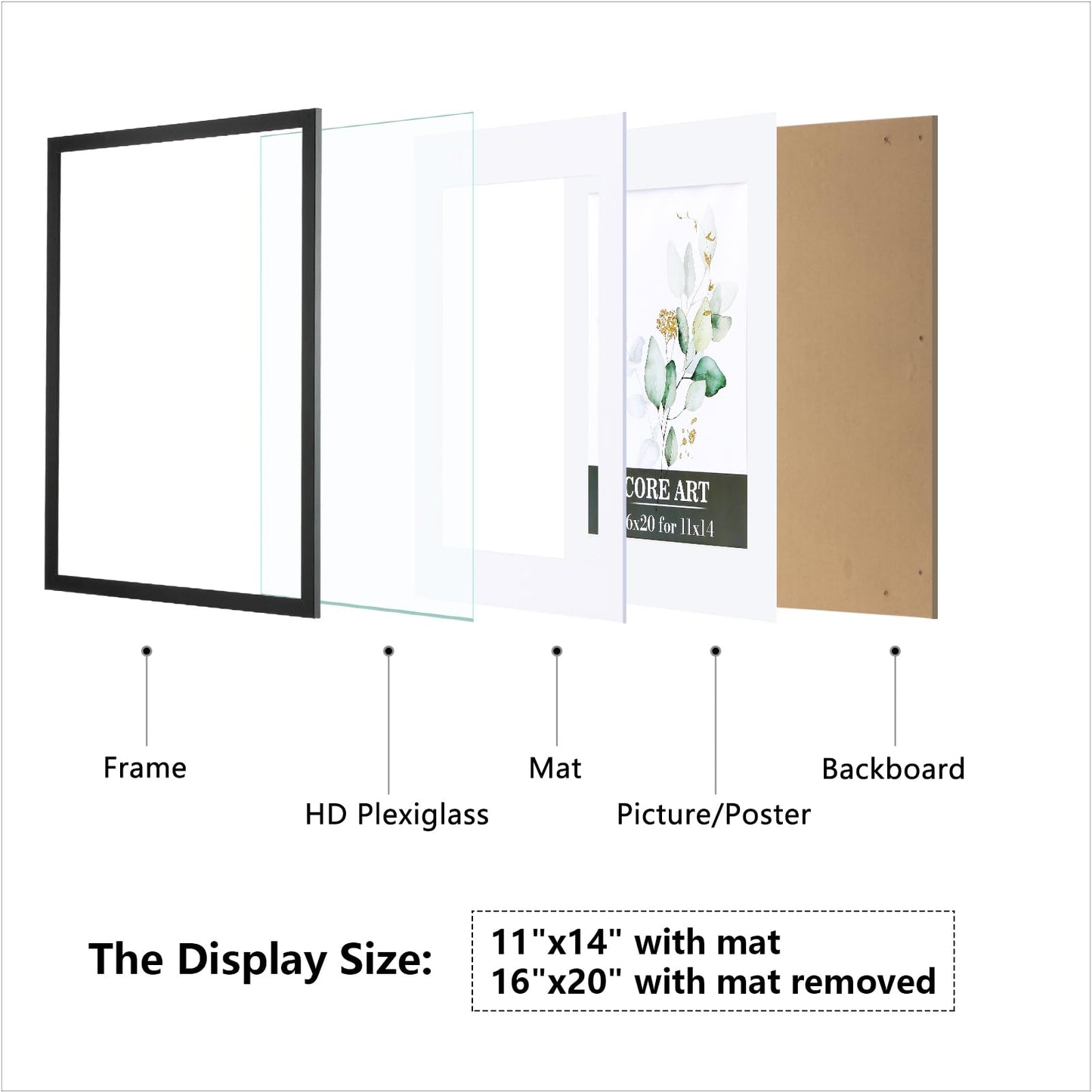 CORE ART 16x20 Frames 2 Pack, Black 16 x 20 Picture Poster Frame with Mat for 11x14 or without Mat for 16 by 20, Wall Mount Horizontal or Vertical