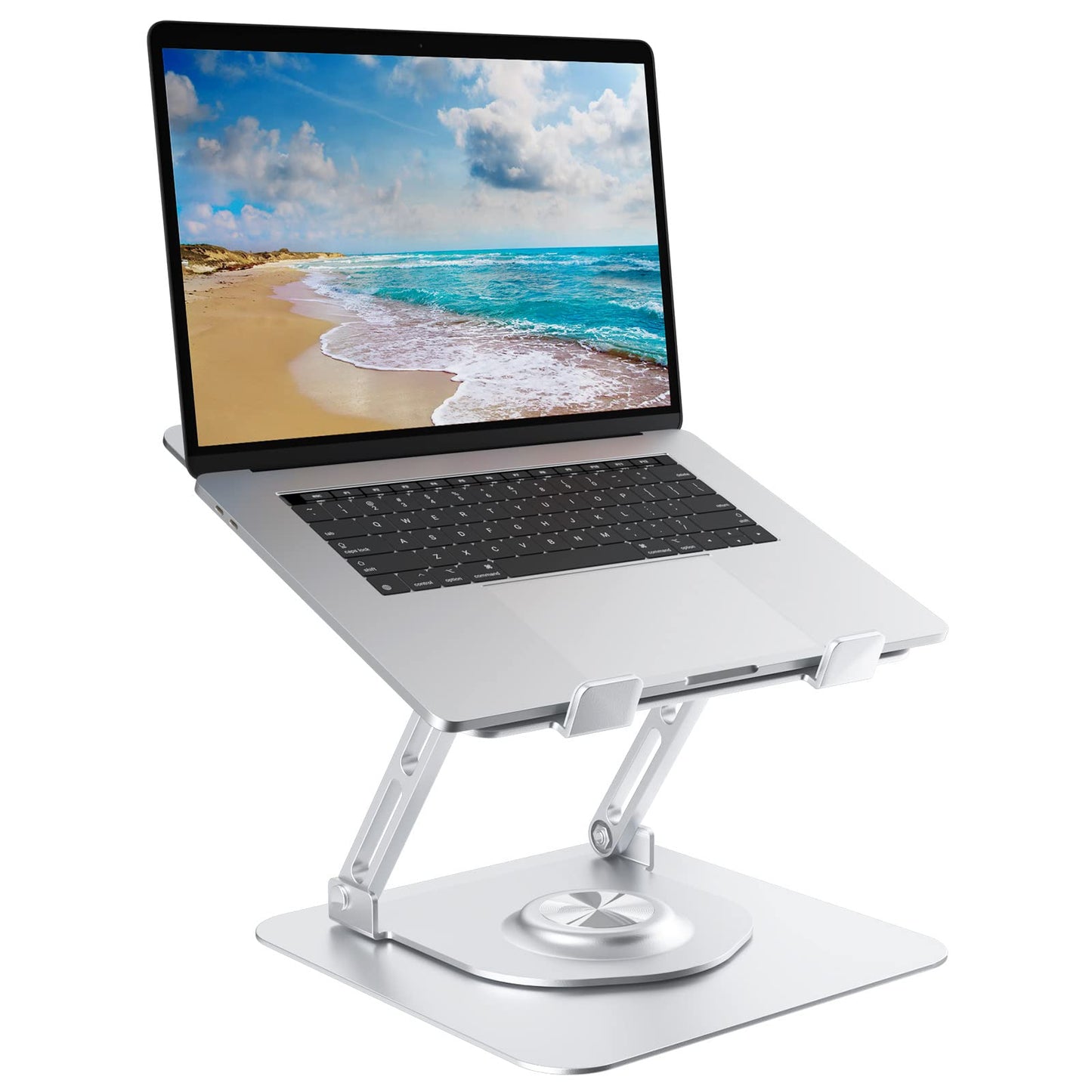 Swivel Laptop Stand for Desk, Adjustable Height Aluminum Computer Stand with 360 Rotating Base, Foldable Ergonomic Riser, Portable Laptop Holder Compatible with MacBook, All Laptops 10-17'', Chrome