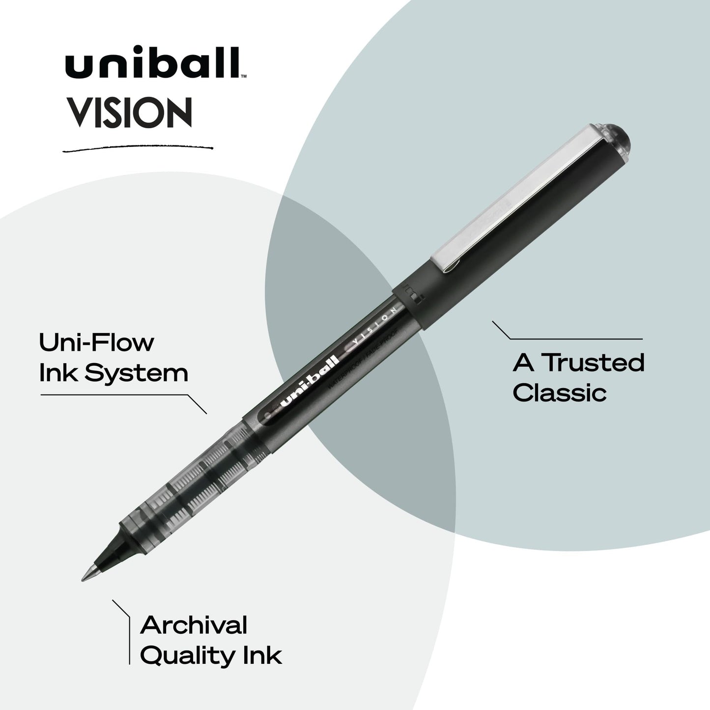 uni-ball VISION Rollerball, Stick Roller Ball Pen Micro-0.5mm, 12 Pack, Black Ink (60106)