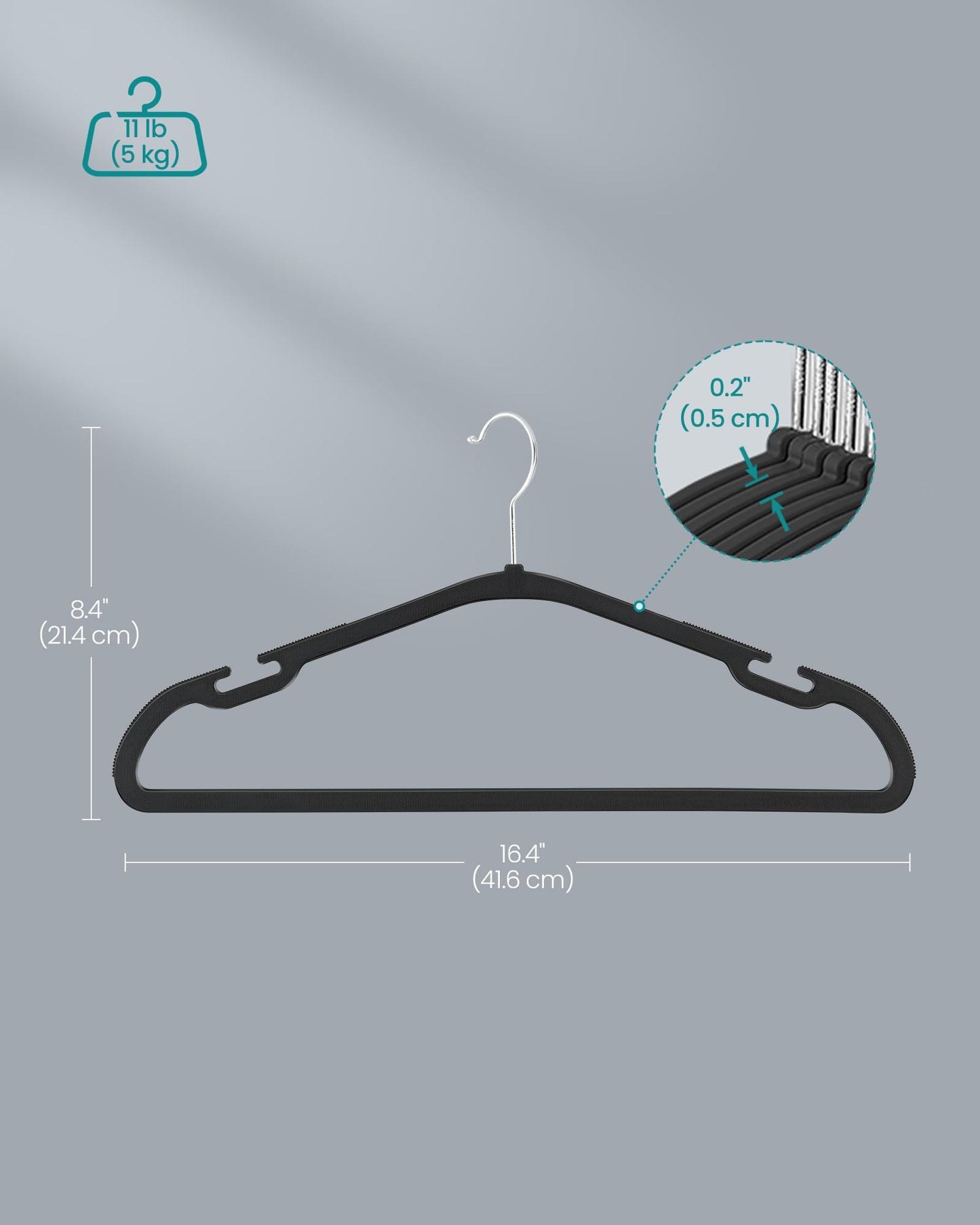 SONGMICS Clothes Hangers 50 Pack, Heavy-Duty Plastic Hangers, Coat Hangers with Wide Shoulder Notches, Pant Bar, 360° Swivel Hook, Space-Saving, 16.4 Inches, for Closet, Ink Black UCRP060B01